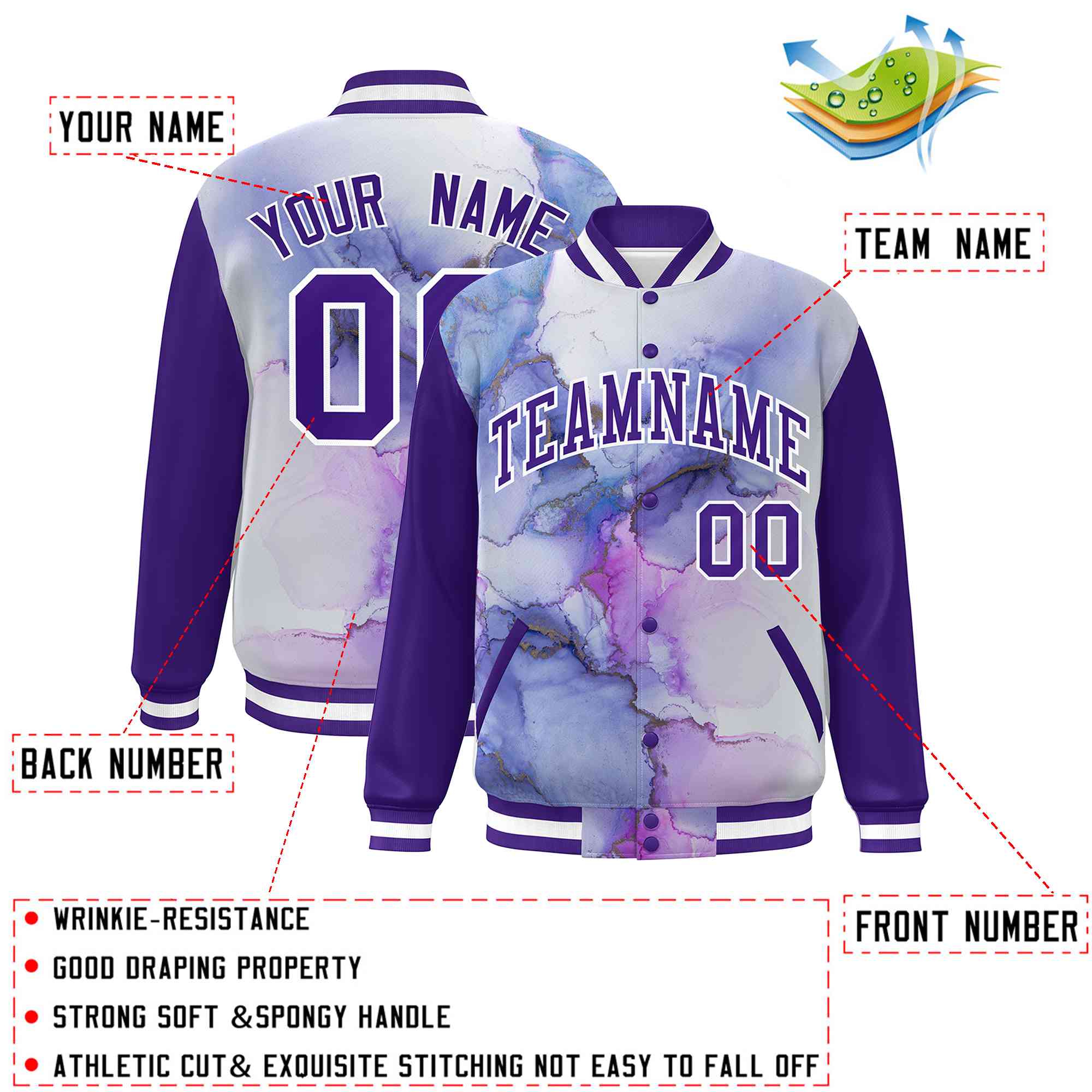 Custom Purple White Tie Dye Ink Paint Varsity Graffiti Pattern Letterman Jacket