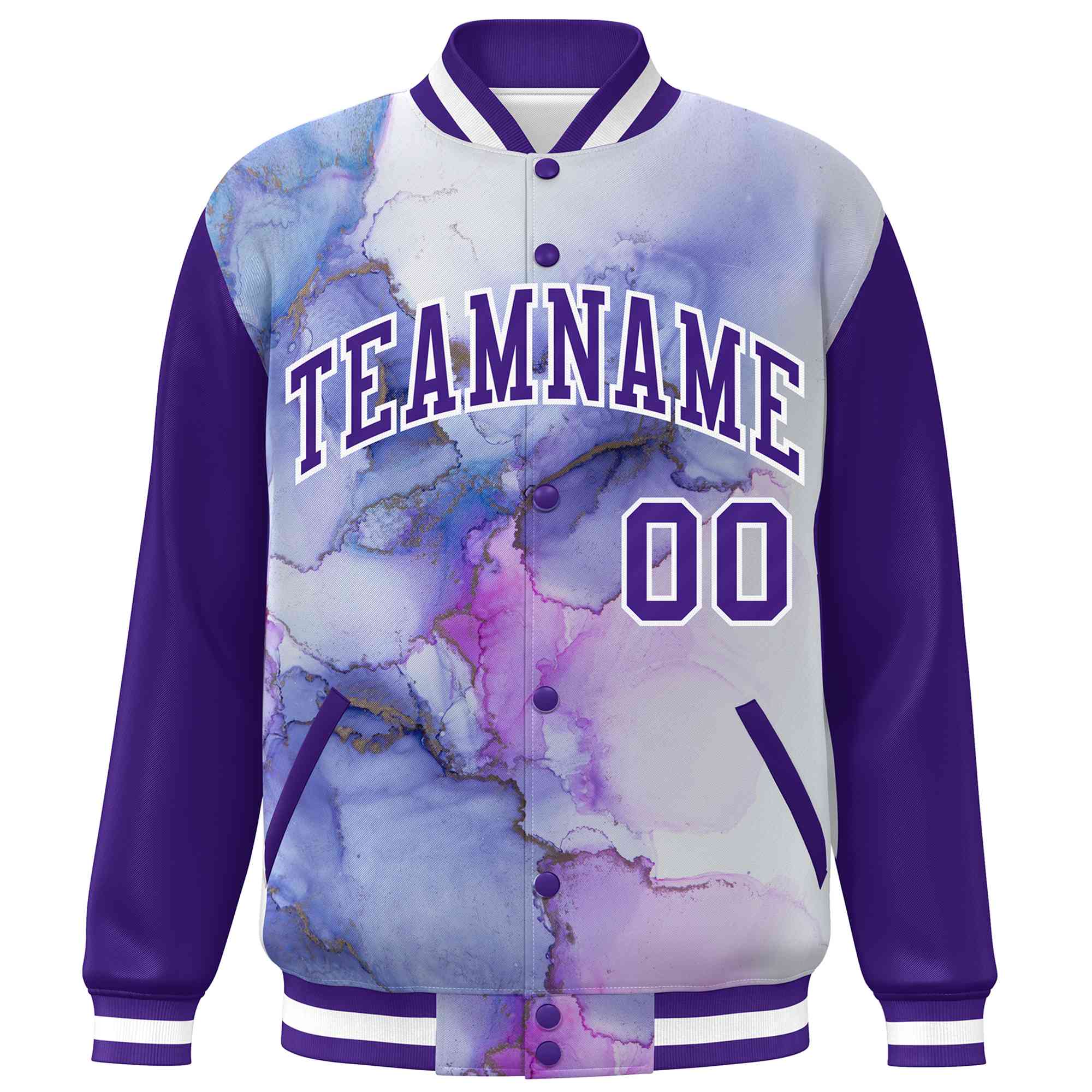 Custom Purple White Tie Dye Ink Paint Varsity Graffiti Pattern Letterman Jacket