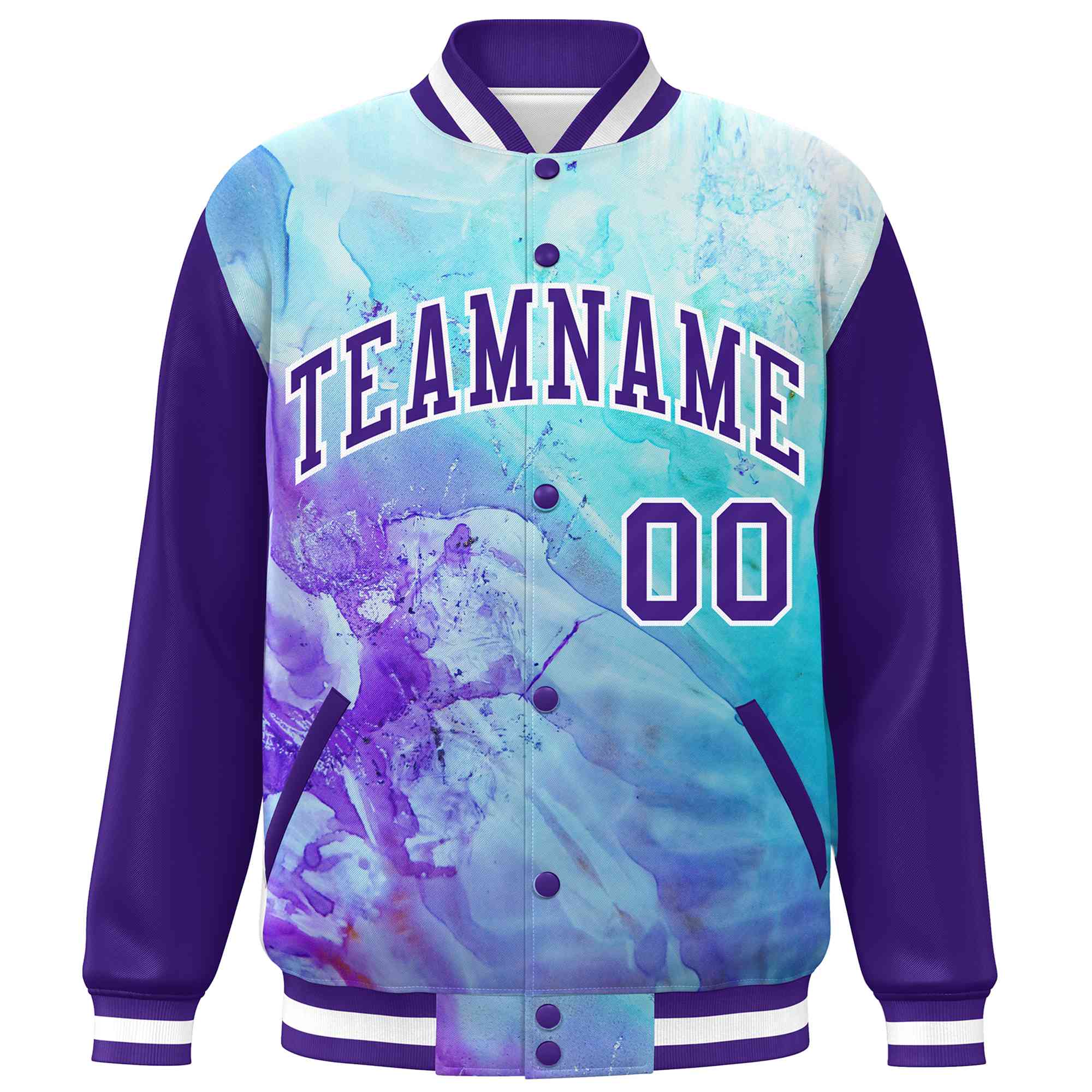 Custom Purple White Tie Dye Ink Paint Varsity Graffiti Pattern Letterman Jacket