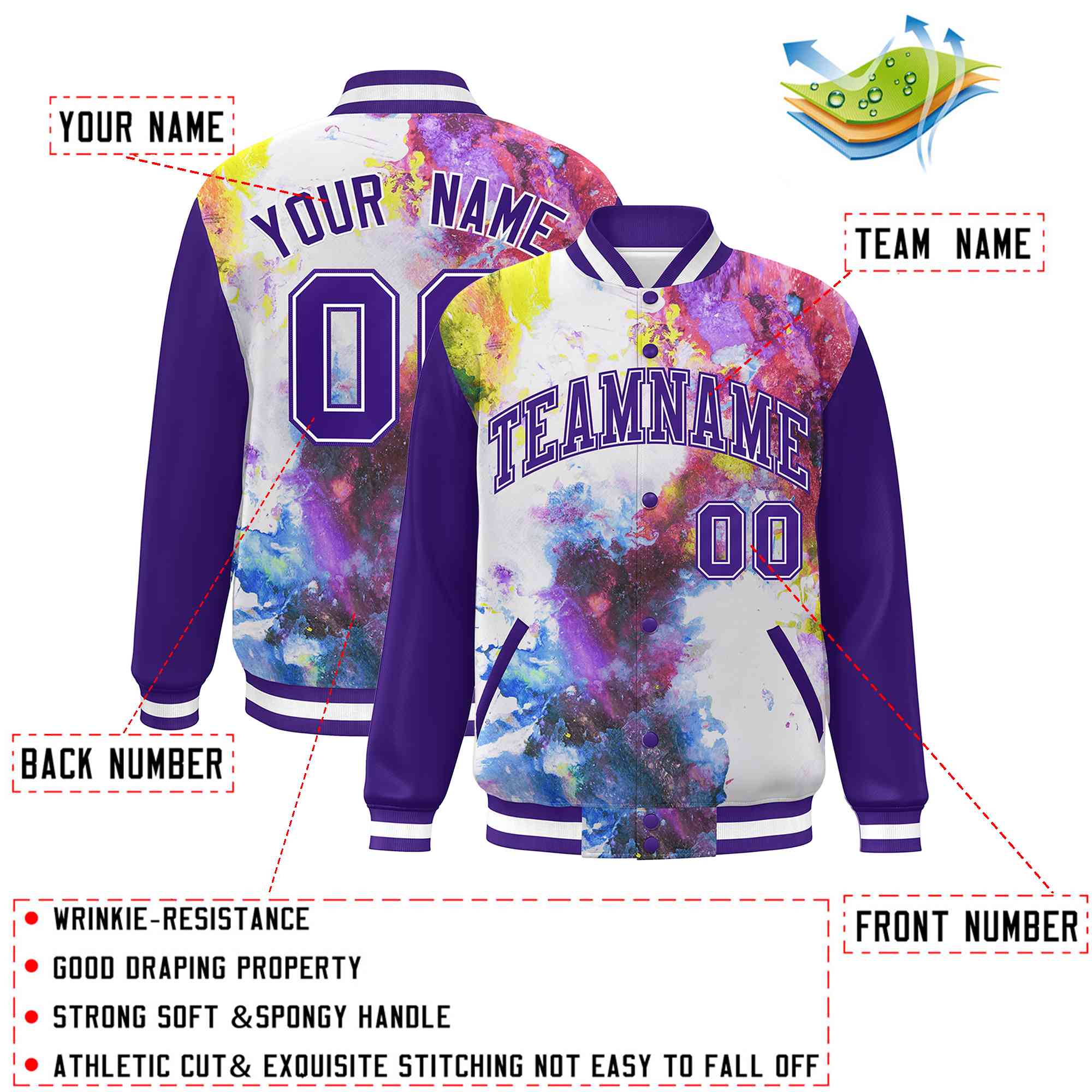 Custom Purple White Tie Dye Ink Paint Varsity Graffiti Pattern Letterman Jacket