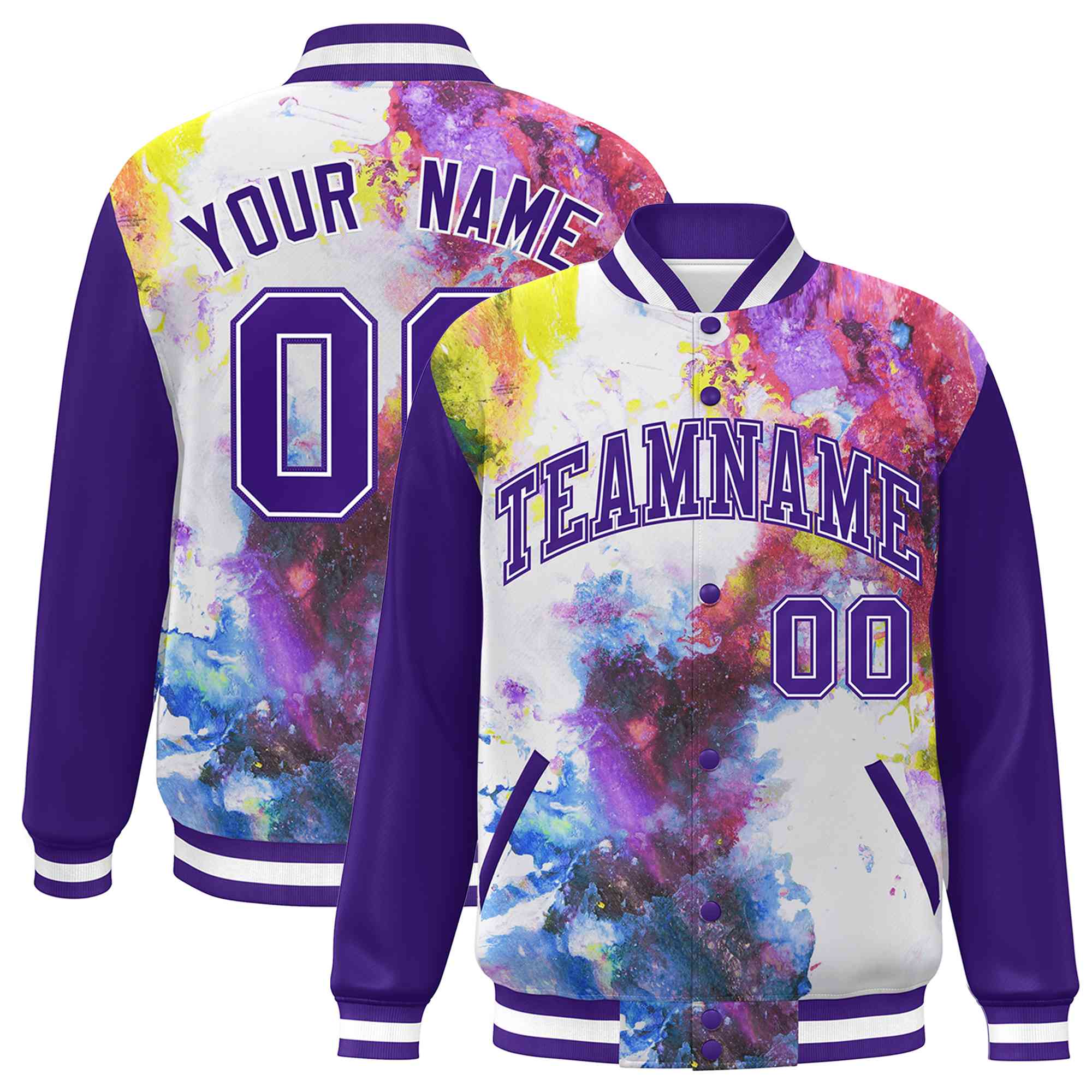 Custom Purple White Tie Dye Ink Paint Varsity Graffiti Pattern Letterman Jacket