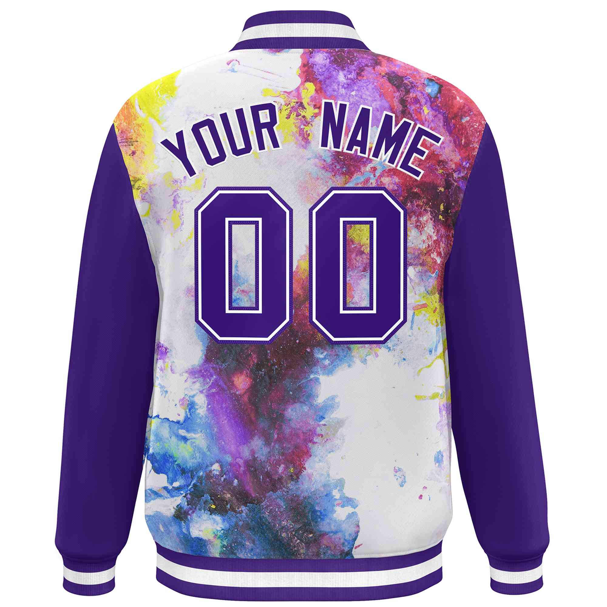 Custom Purple White Tie Dye Ink Paint Varsity Graffiti Pattern Letterman Jacket