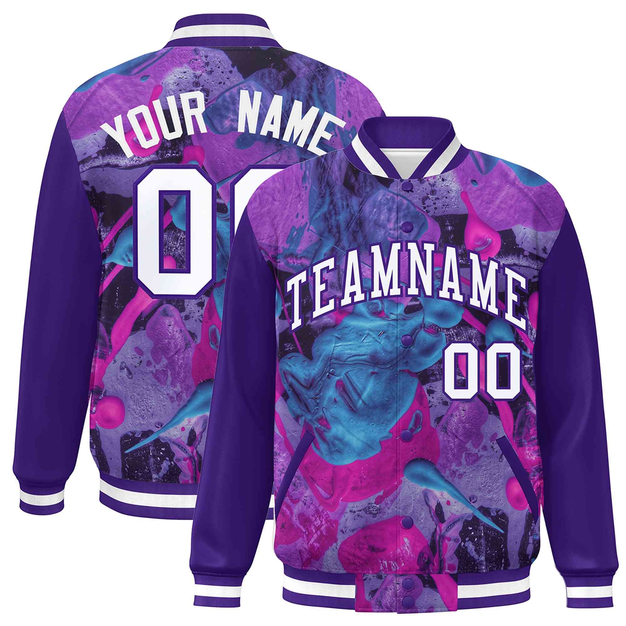 Custom Purple White Tie Dye Ink Paint Varsity Graffiti Pattern Letterman Jacket