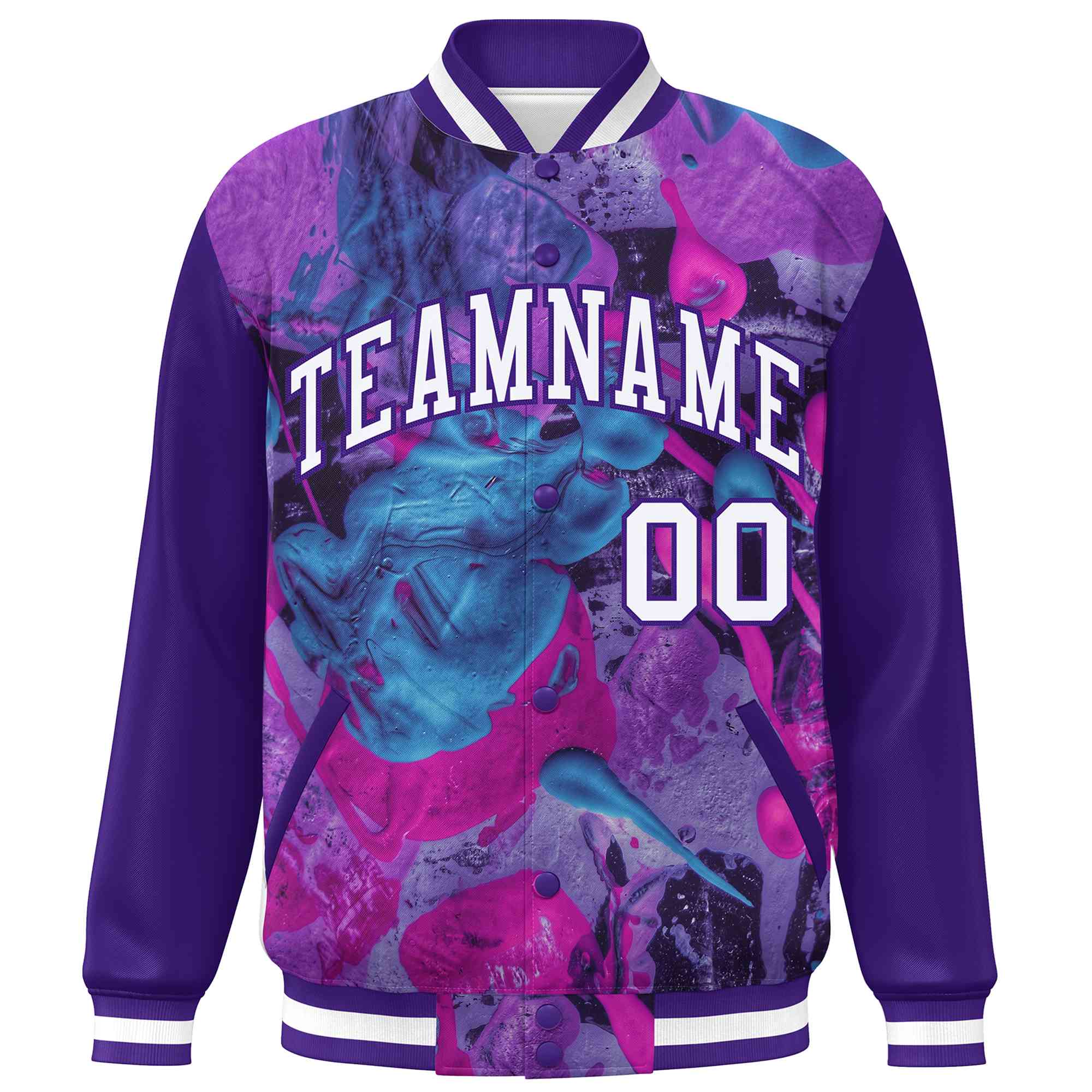 Custom Purple White Tie Dye Ink Paint Varsity Graffiti Pattern Letterman Jacket