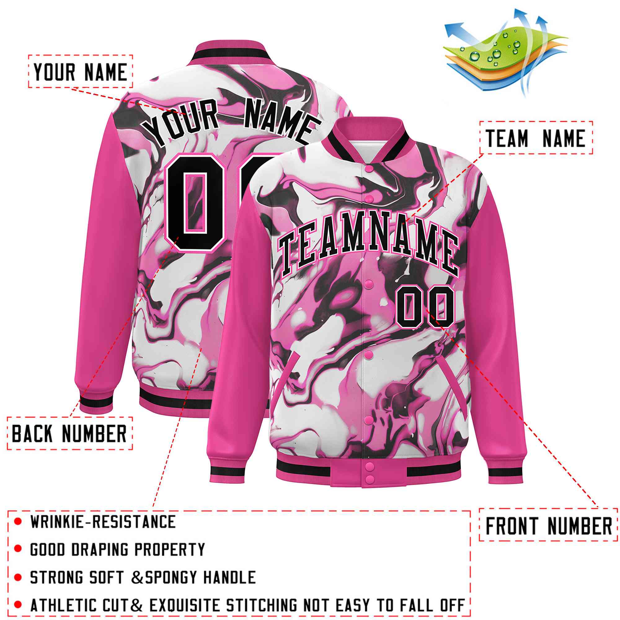 Custom Pink Rose Red-Black Tie Dye Ink Paint Varsity Graffiti Pattern Letterman Jacket