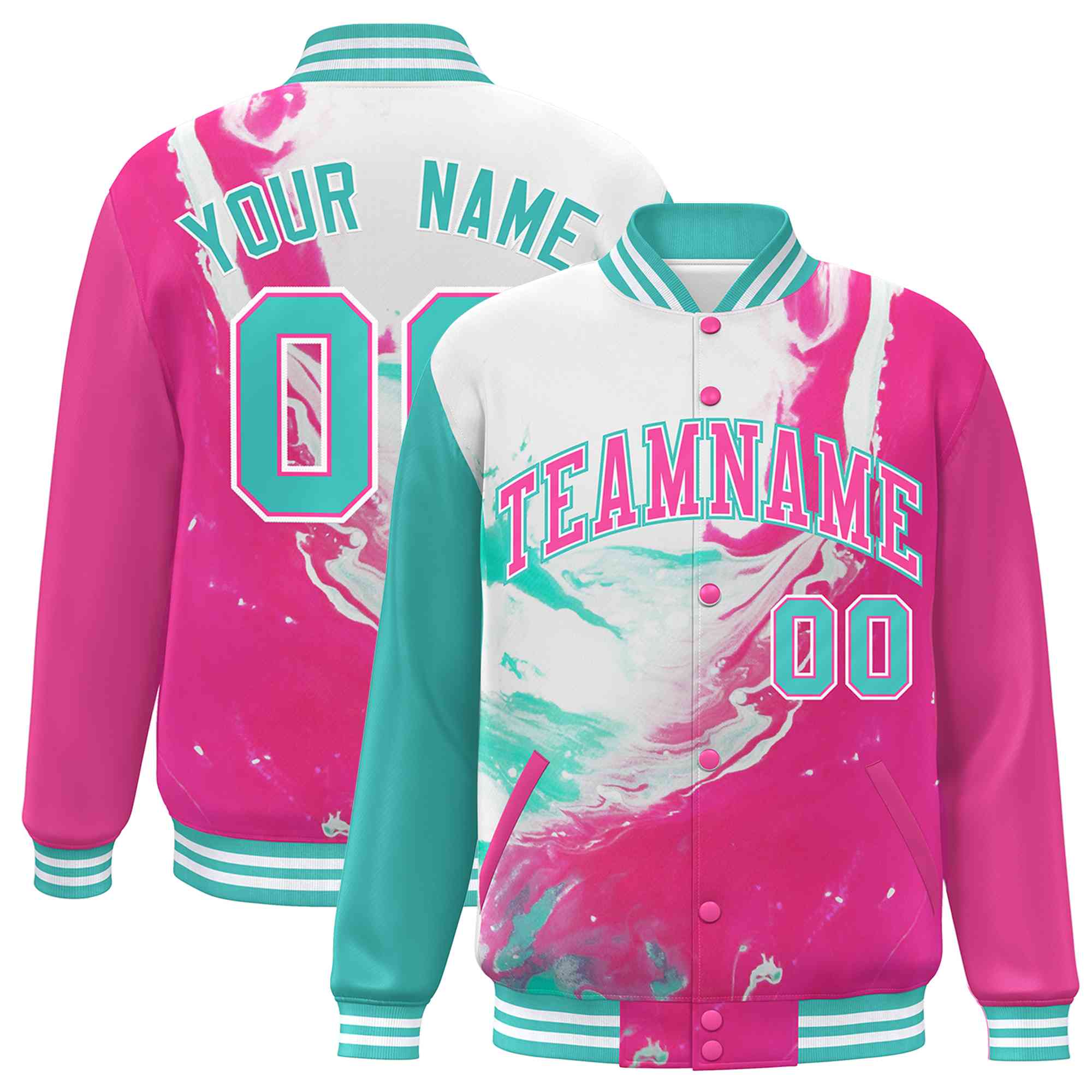 Custom Pink Aqua-White Tie Dye Ink Paint Varsity Graffiti Pattern Letterman Jacket