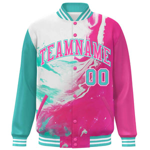 Custom Pink Aqua-White Tie Dye Ink Paint Varsity Graffiti Pattern Letterman Jacket