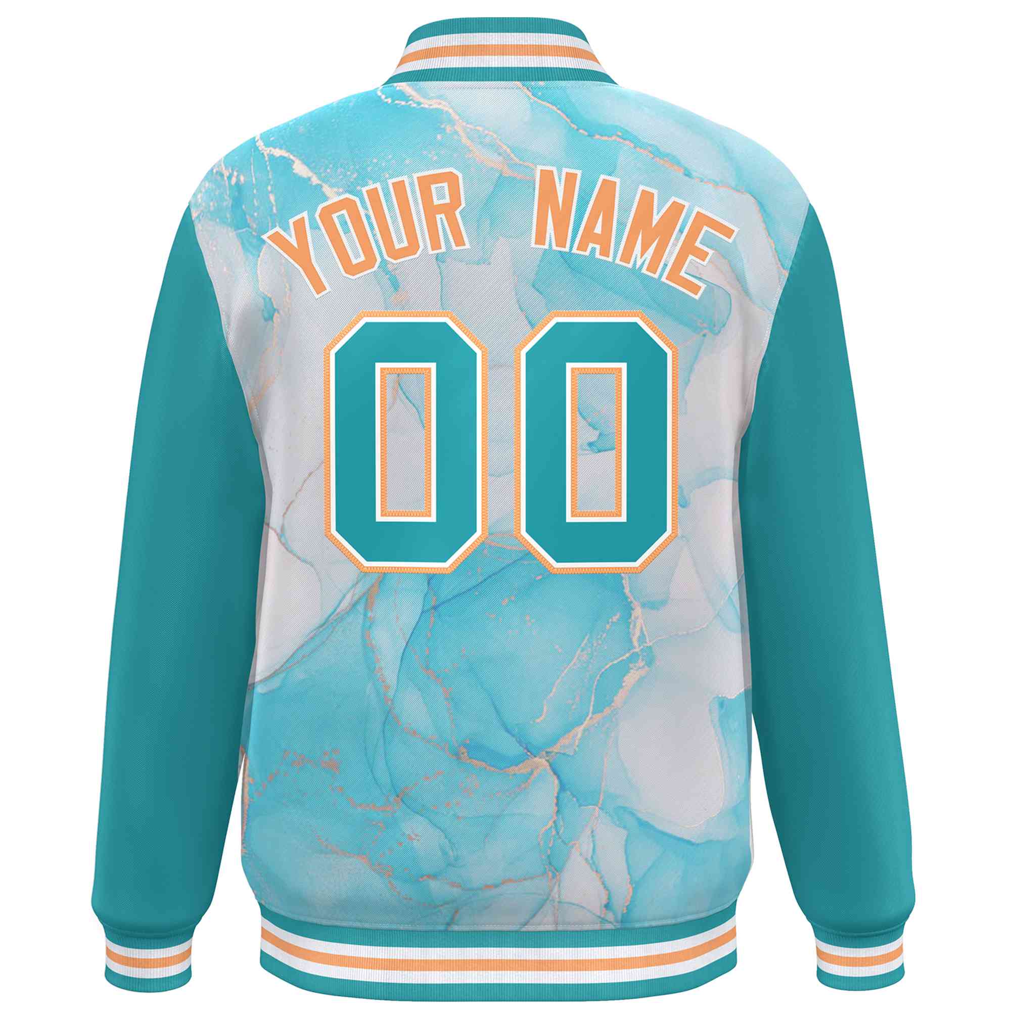 Custom Aqua Orange-White Tie Dye Ink Paint Varsity Graffiti Pattern Letterman Jacket