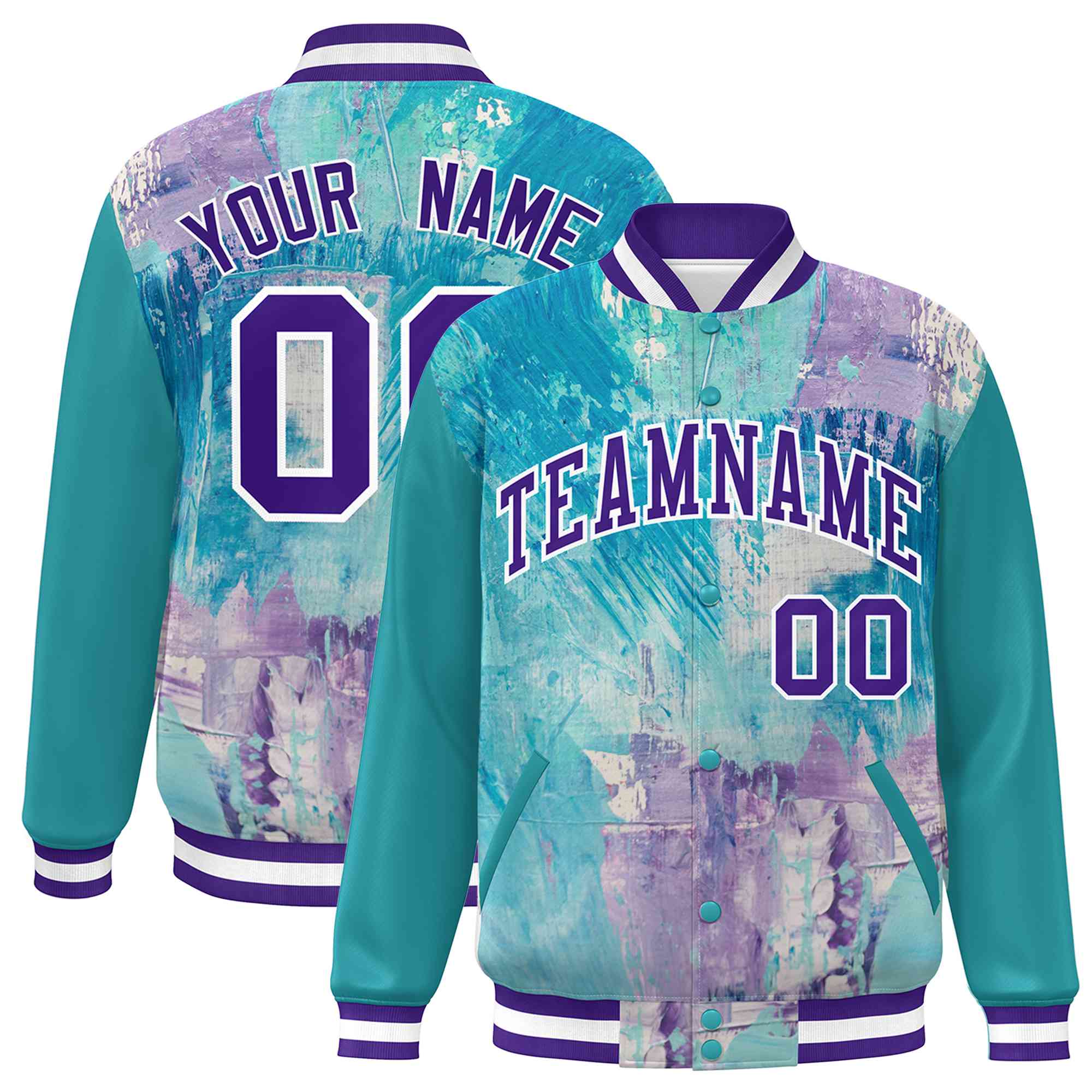 Custom Aqua Purple-White Tie Dye Ink Paint Varsity Graffiti Pattern Letterman Jacket