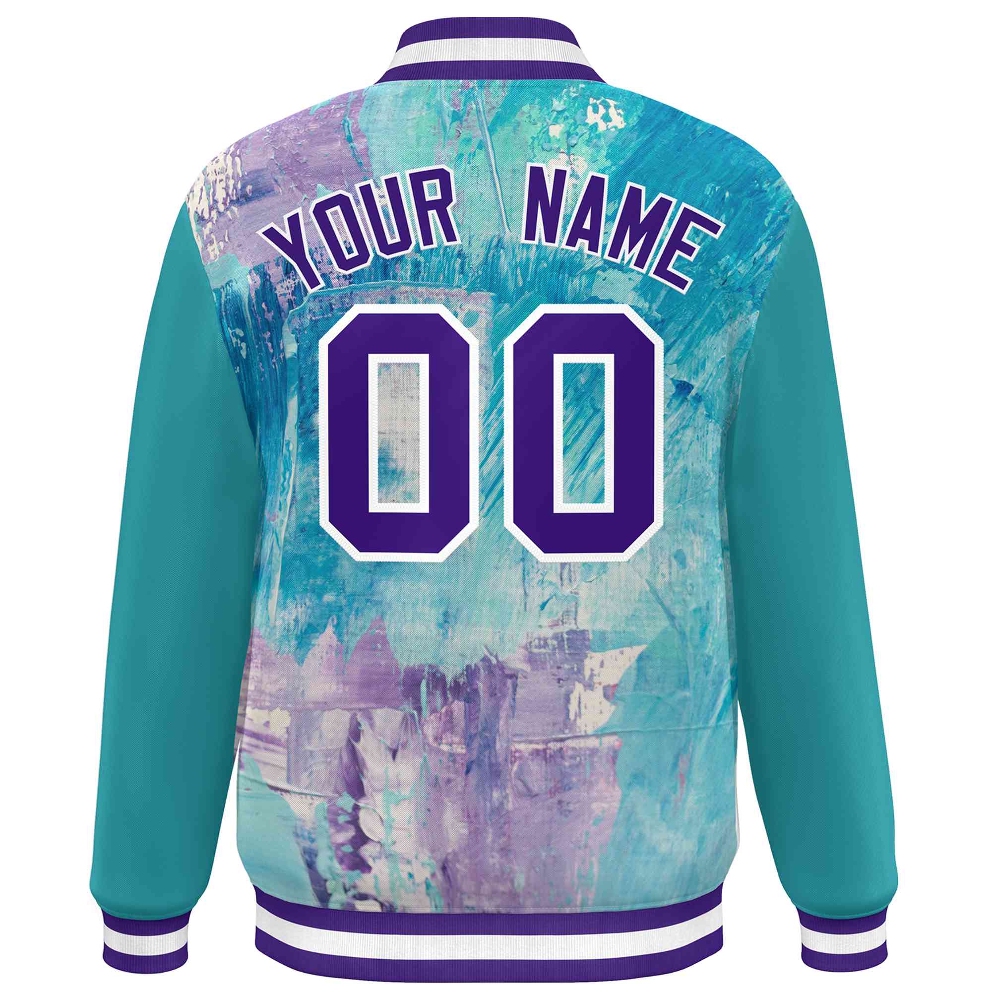 Custom Aqua Purple-White Tie Dye Ink Paint Varsity Graffiti Pattern Letterman Jacket