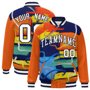 Custom Orange Navy-White Tie Dye Ink Paint Varsity Graffiti Pattern Letterman Jacket