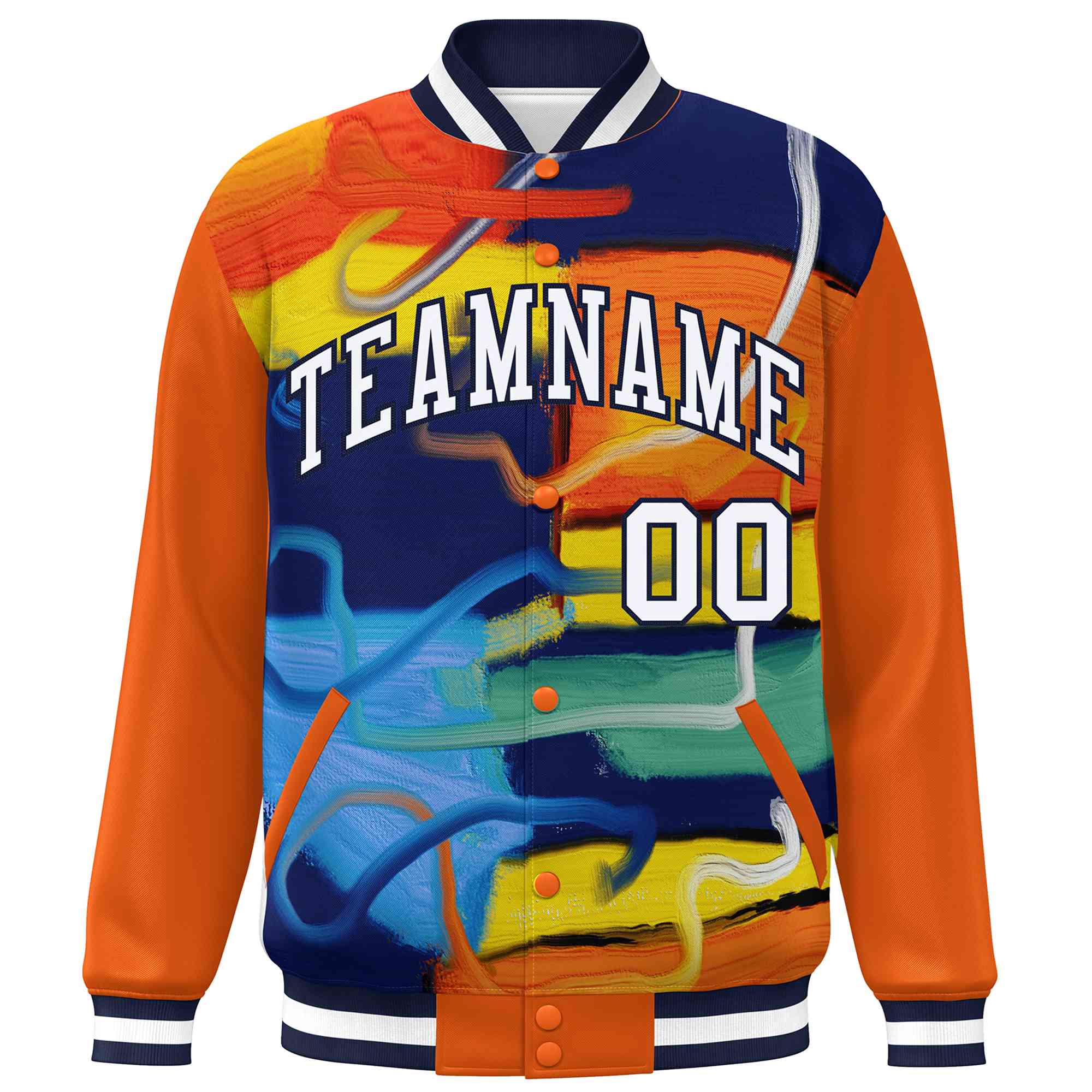 Custom Orange Navy-White Tie Dye Ink Paint Varsity Graffiti Pattern Letterman Jacket