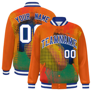 Custom Orange Royal-White Tie Dye Ink Paint Varsity Graffiti Pattern Letterman Jacket