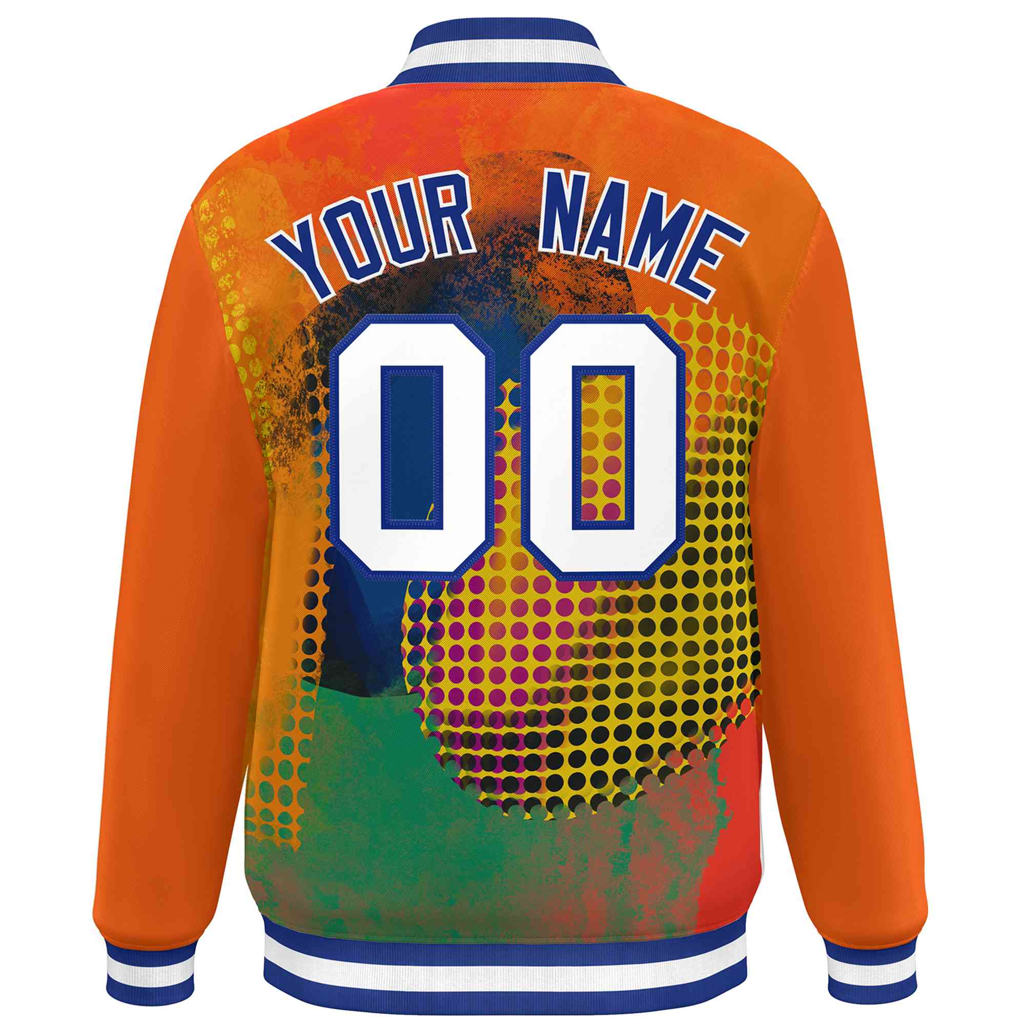 Custom Orange Royal-White Tie Dye Ink Paint Varsity Graffiti Pattern Letterman Jacket