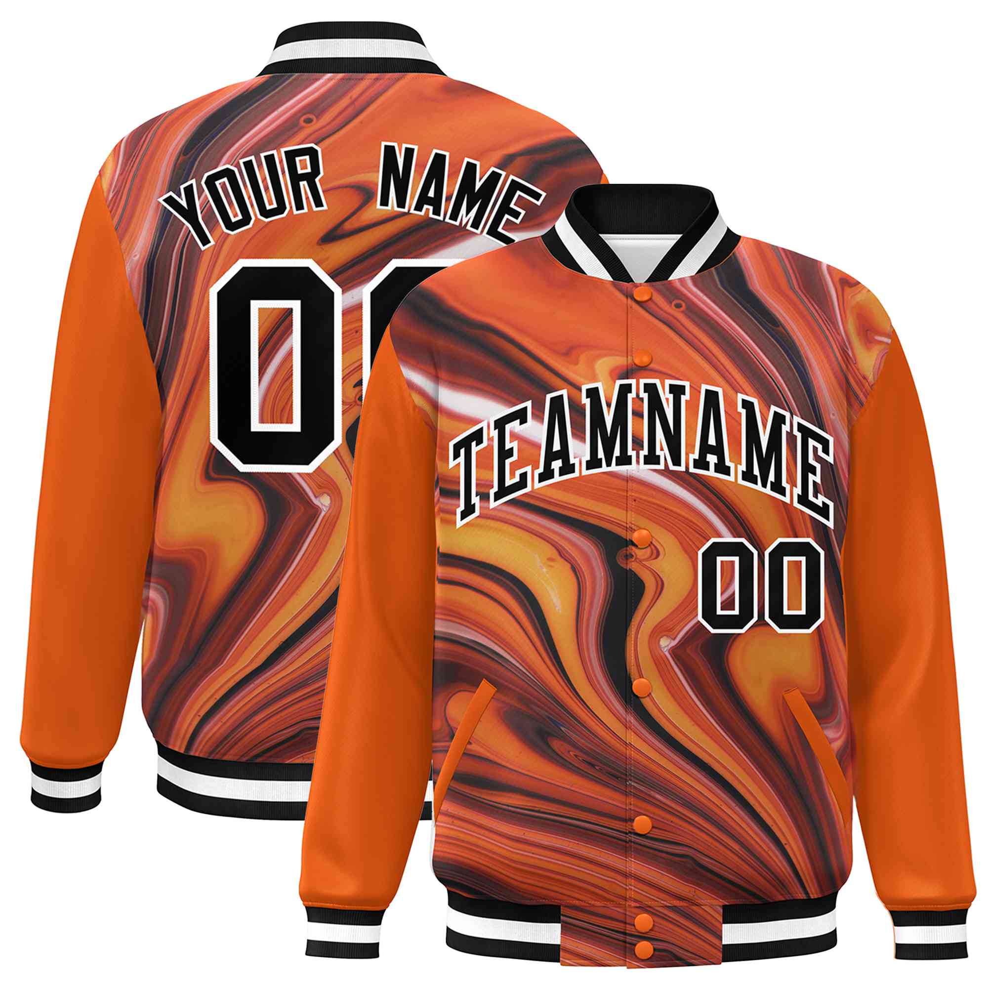 Custom Orange Black-White Tie Dye Ink Paint Varsity Graffiti Pattern Letterman Jacket