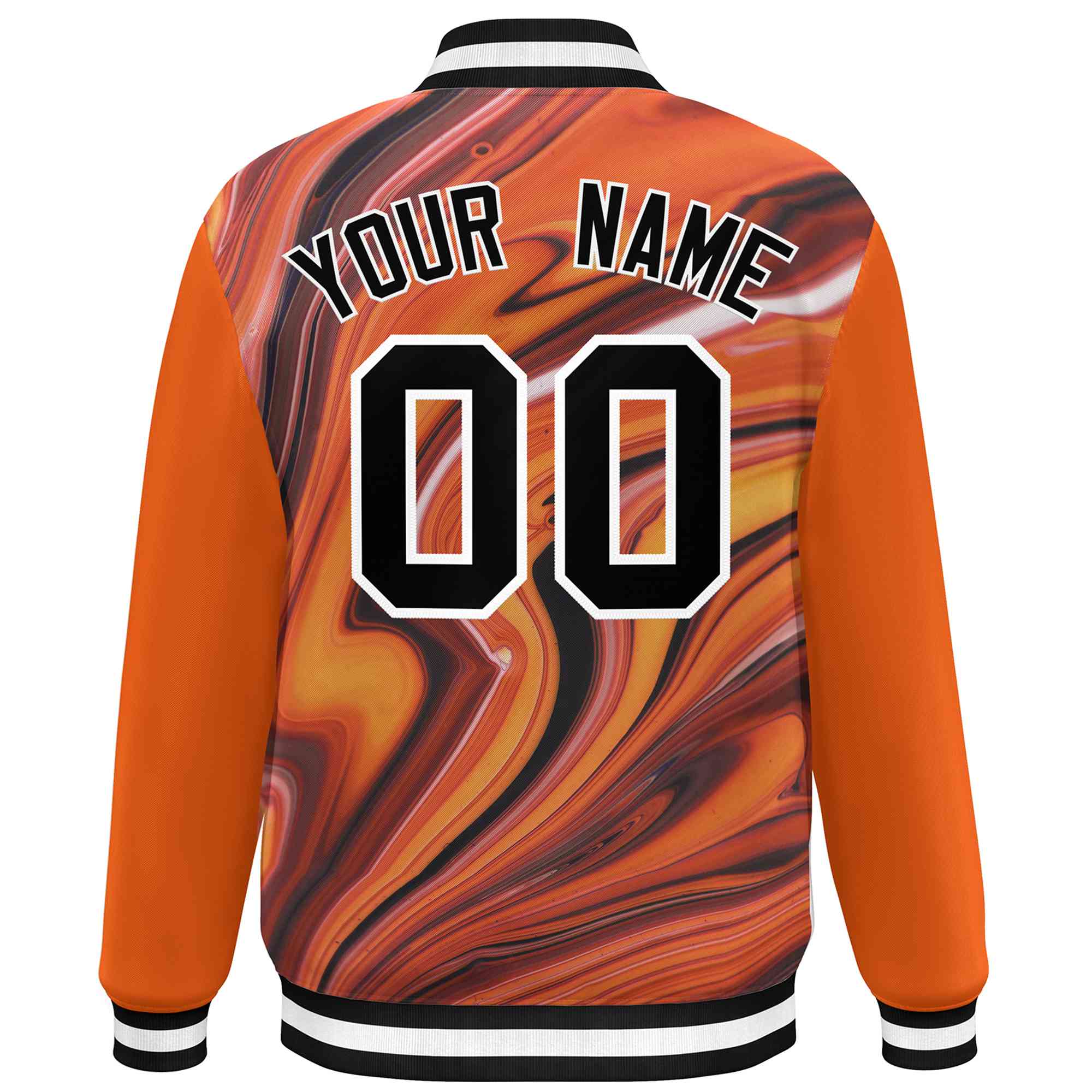 Custom Orange Black-White Tie Dye Ink Paint Varsity Graffiti Pattern Letterman Jacket