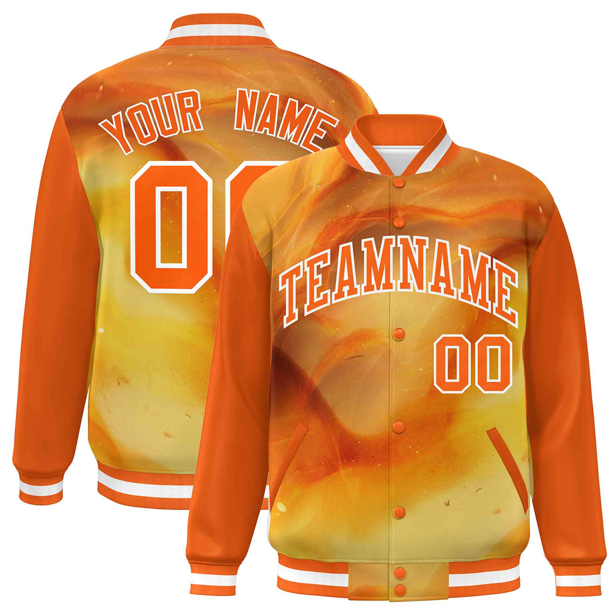 Custom Orange White Tie Dye Ink Paint Varsity Graffiti Pattern Letterman Jacket