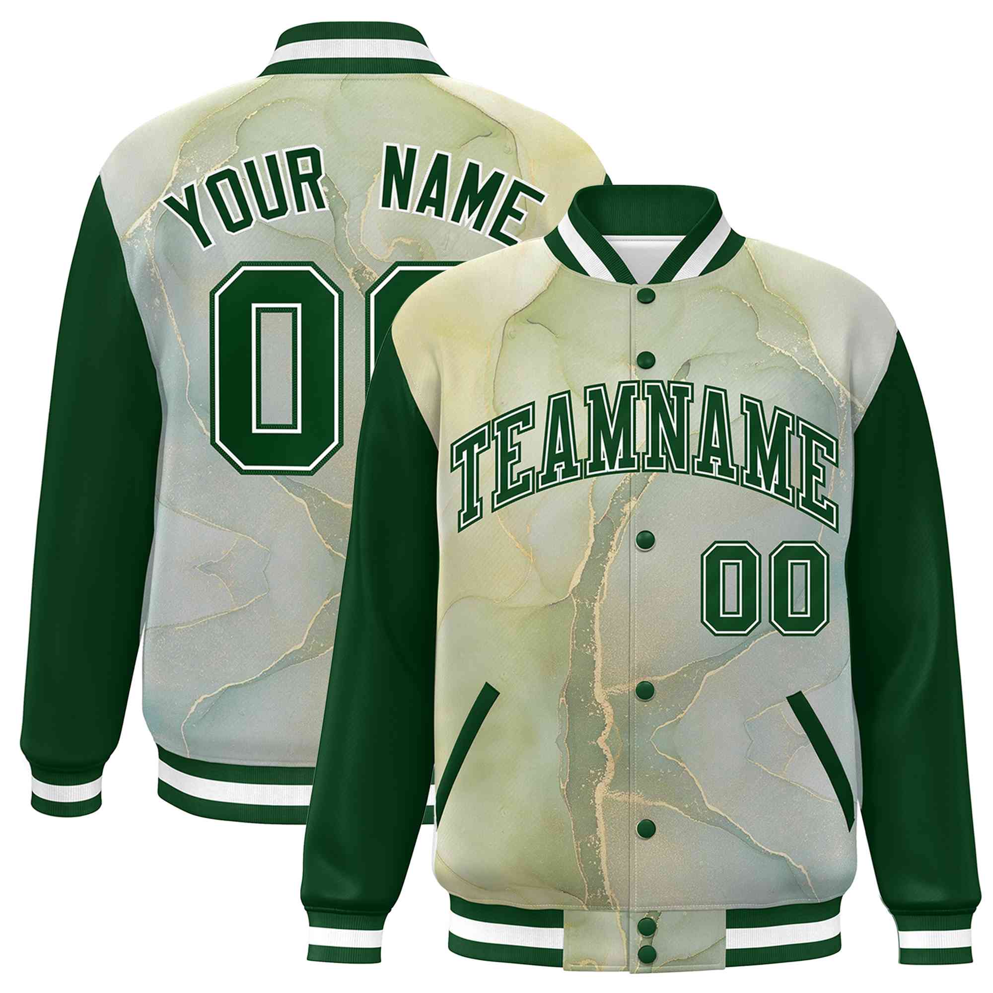 Custom Green White Tie Dye Ink Paint Varsity Graffiti Pattern Letterman Jacket