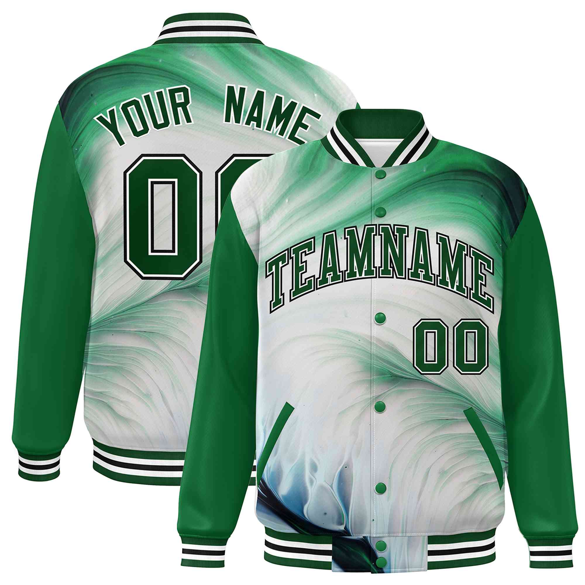 Custom Kelly Green Green-White Tie Dye Ink Paint Varsity Graffiti Pattern Letterman Jacket