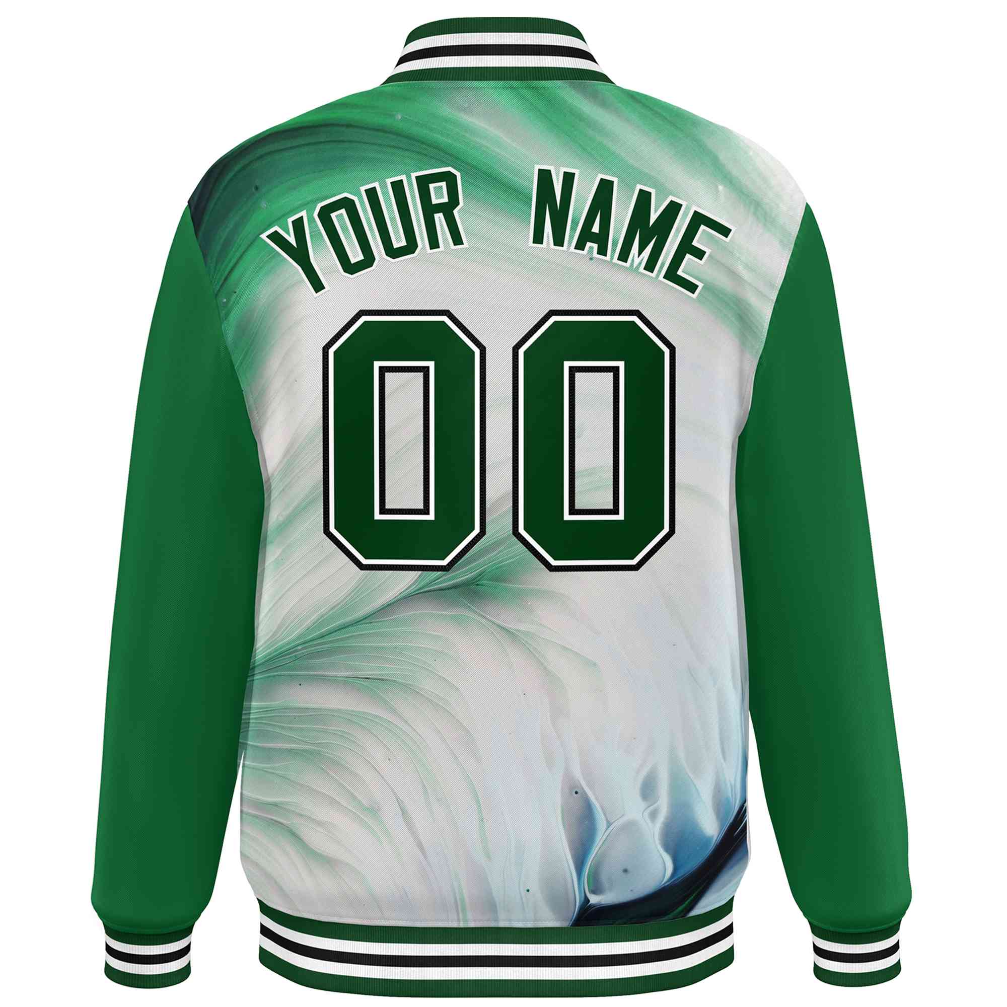 Custom Kelly Green Green-White Tie Dye Ink Paint Varsity Graffiti Pattern Letterman Jacket