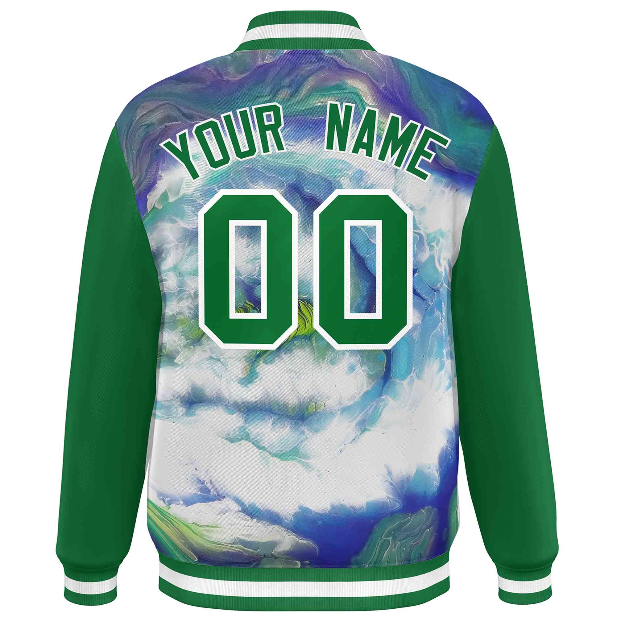 Custom Kelly Green White Tie Dye Ink Paint Varsity Graffiti Pattern Letterman Jacket