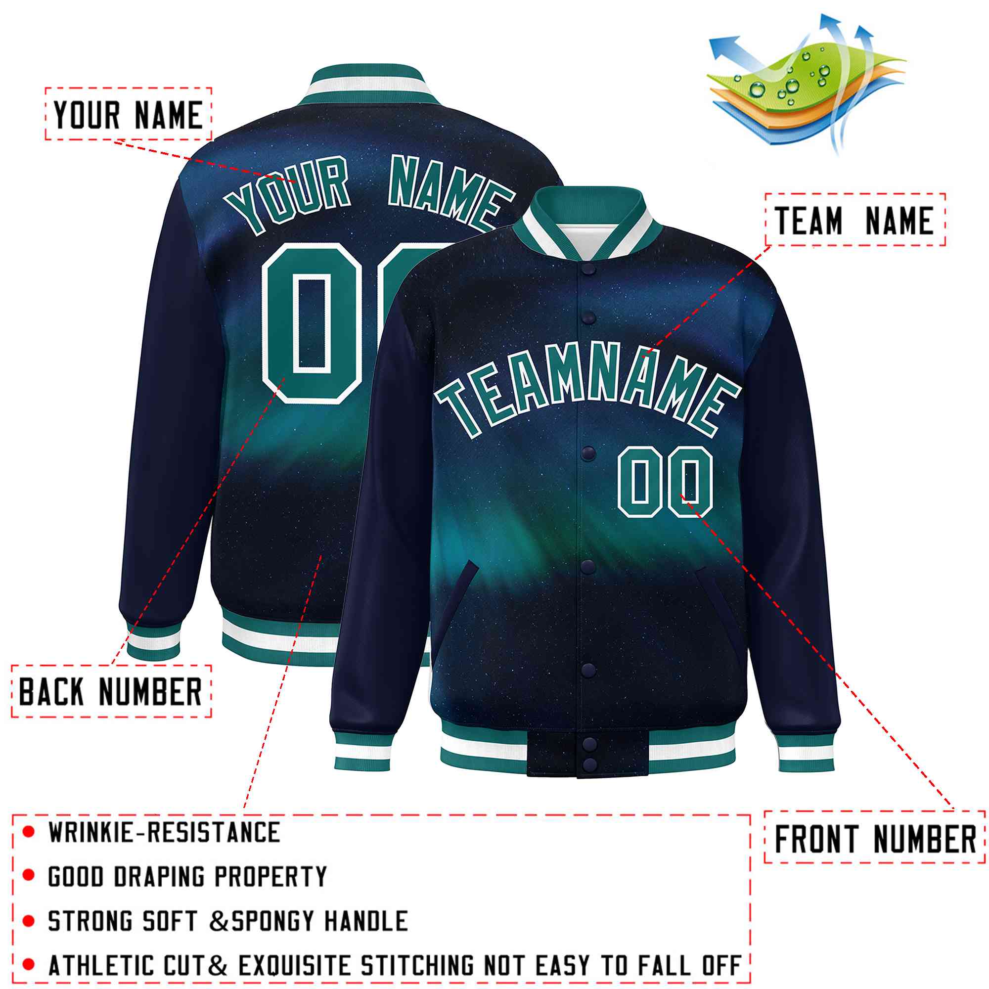 Custom Navy Aqua-White Tie Dye Ink Paint Varsity Graffiti Pattern Letterman Jacket