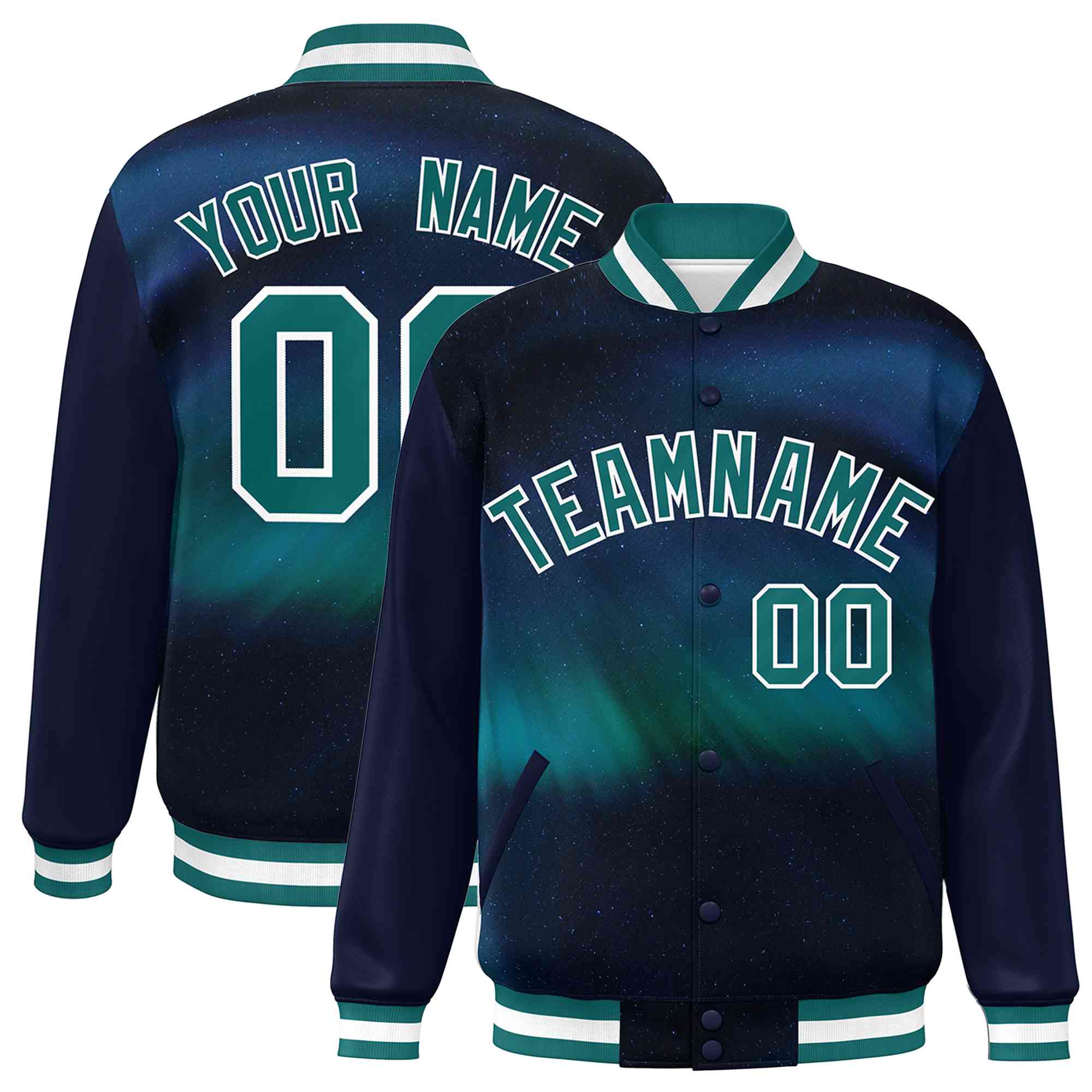 Custom Navy Aqua-White Tie Dye Ink Paint Varsity Graffiti Pattern Letterman Jacket