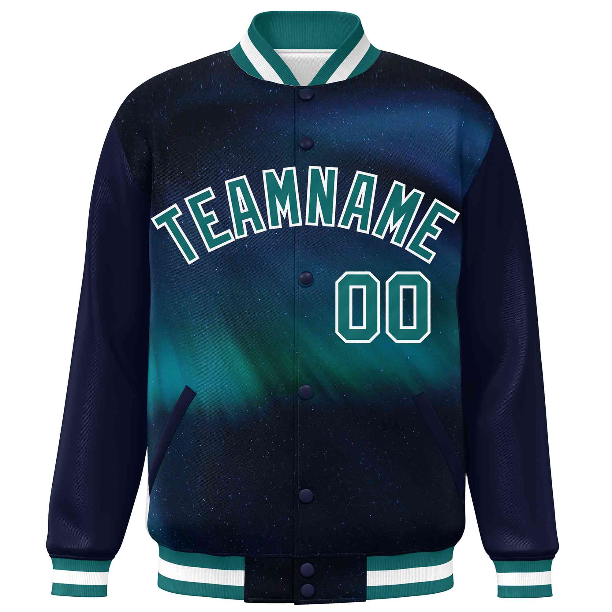 Custom Navy Aqua-White Tie Dye Ink Paint Varsity Graffiti Pattern Letterman Jacket