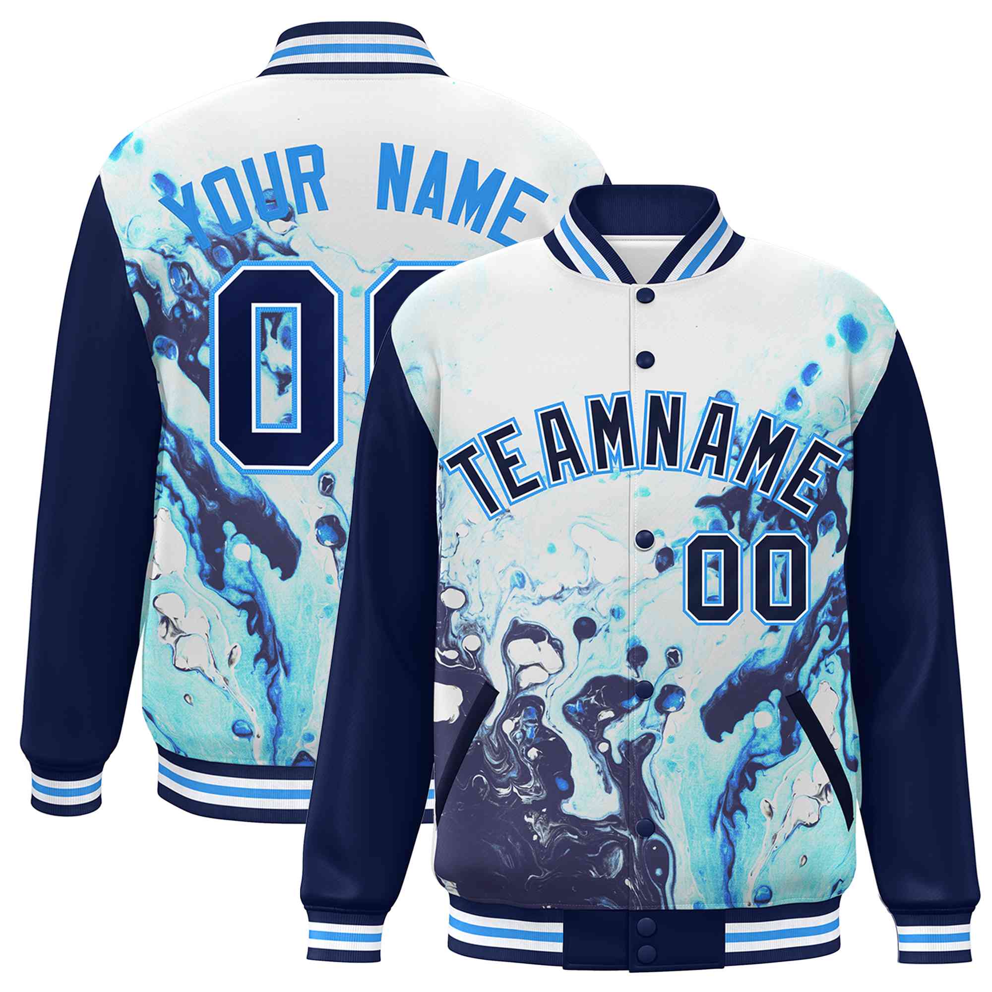 Custom Navy Royal-White Tie Dye Ink Paint Varsity Graffiti Pattern Letterman Jacket