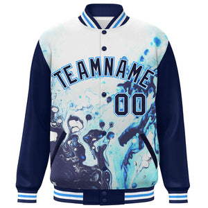 Custom Navy Royal-White Tie Dye Ink Paint Varsity Graffiti Pattern Letterman Jacket