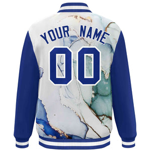 Custom Royal White Tie Dye Ink Paint Varsity Graffiti Pattern Letterman Jacket