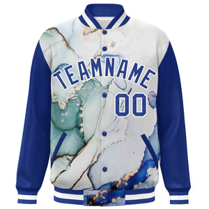 Custom Royal White Tie Dye Ink Paint Varsity Graffiti Pattern Letterman Jacket