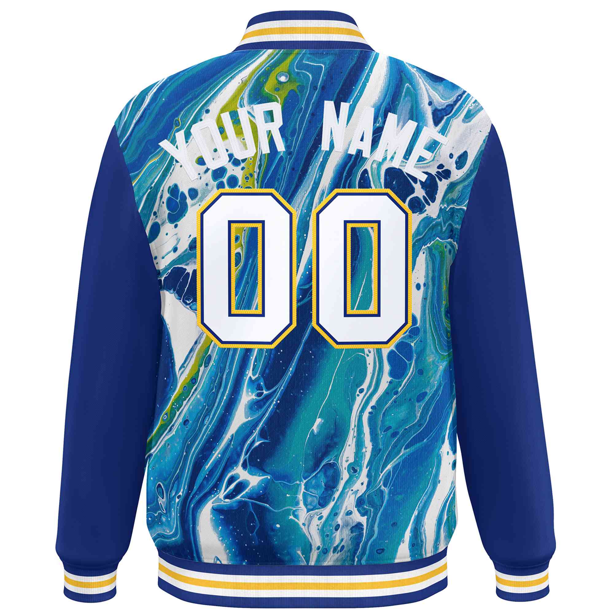 Custom Royal Gold-White Tie Dye Ink Paint Varsity Graffiti Pattern Letterman Jacket