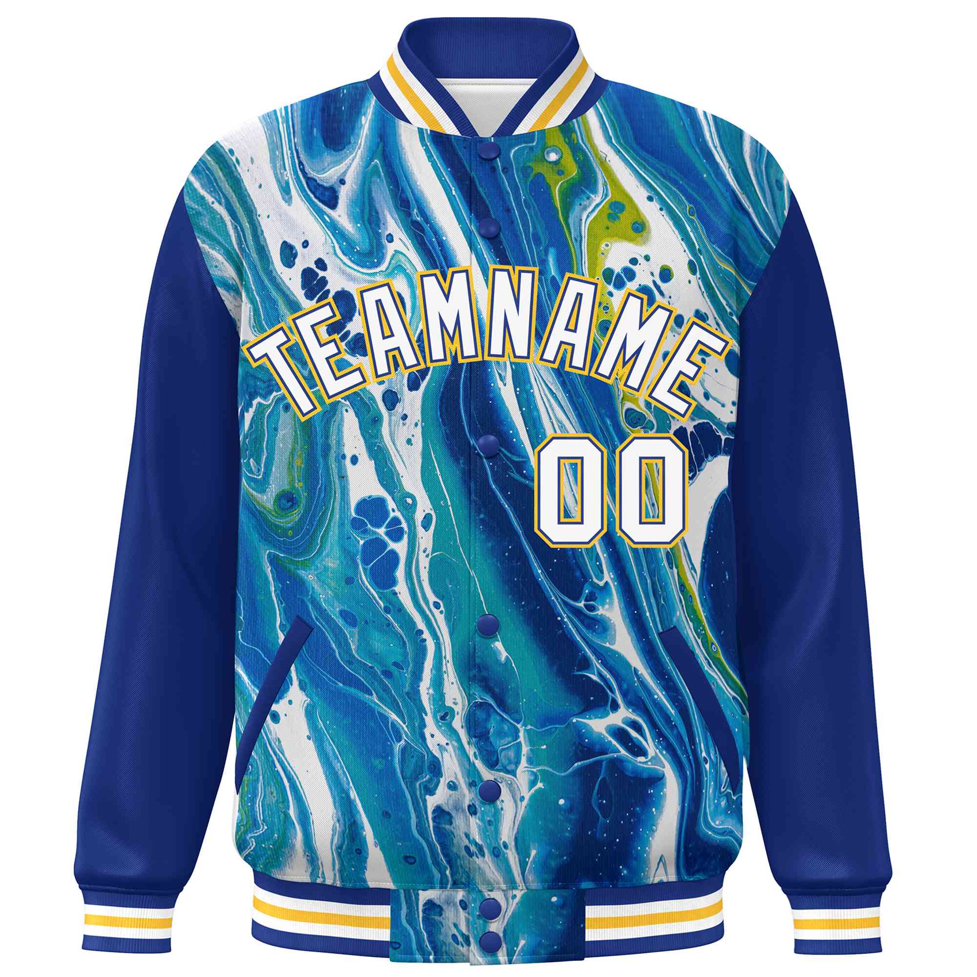 Custom Royal Gold-White Tie Dye Ink Paint Varsity Graffiti Pattern Letterman Jacket