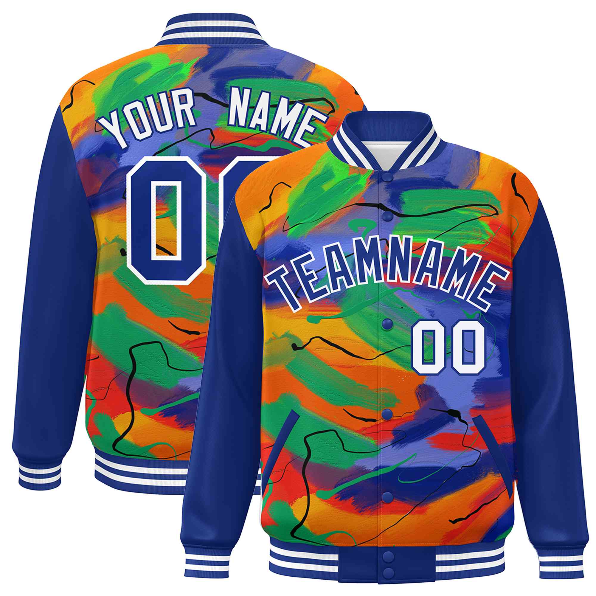 Custom Royal White Tie Dye Ink Paint Varsity Graffiti Pattern Letterman Jacket