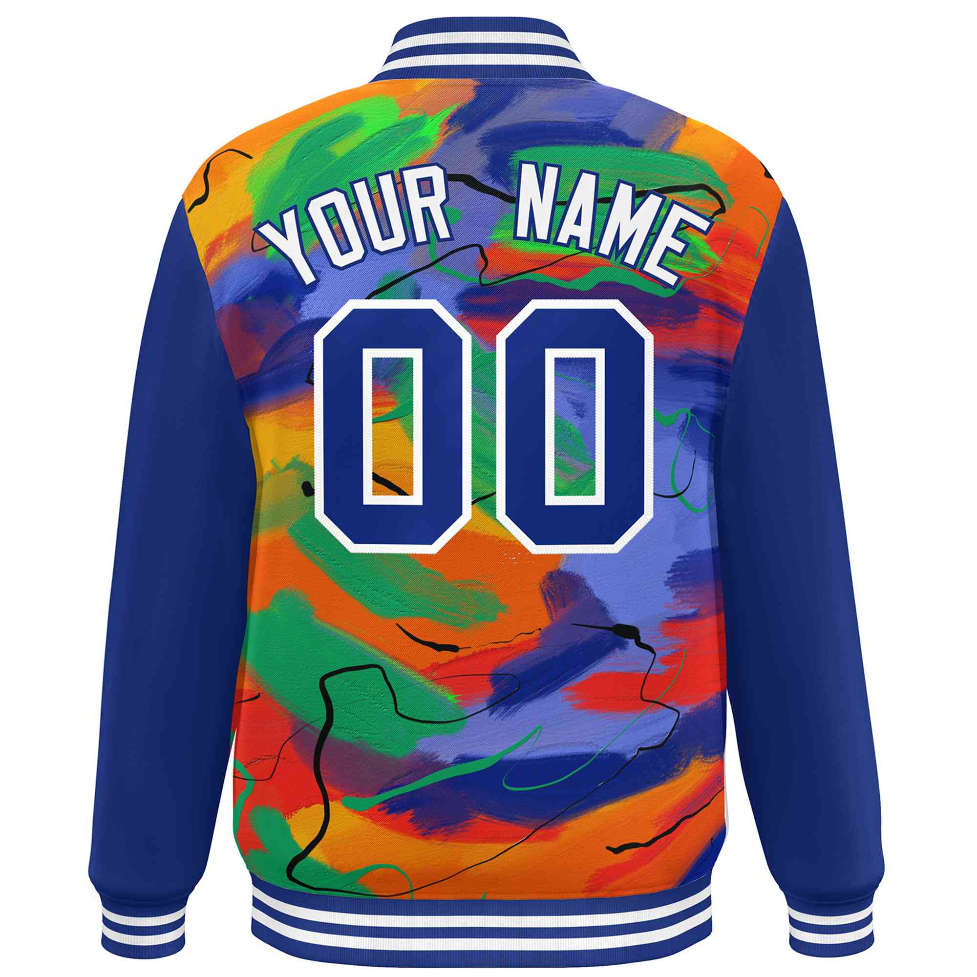 Custom Royal White Tie Dye Ink Paint Varsity Graffiti Pattern Letterman Jacket