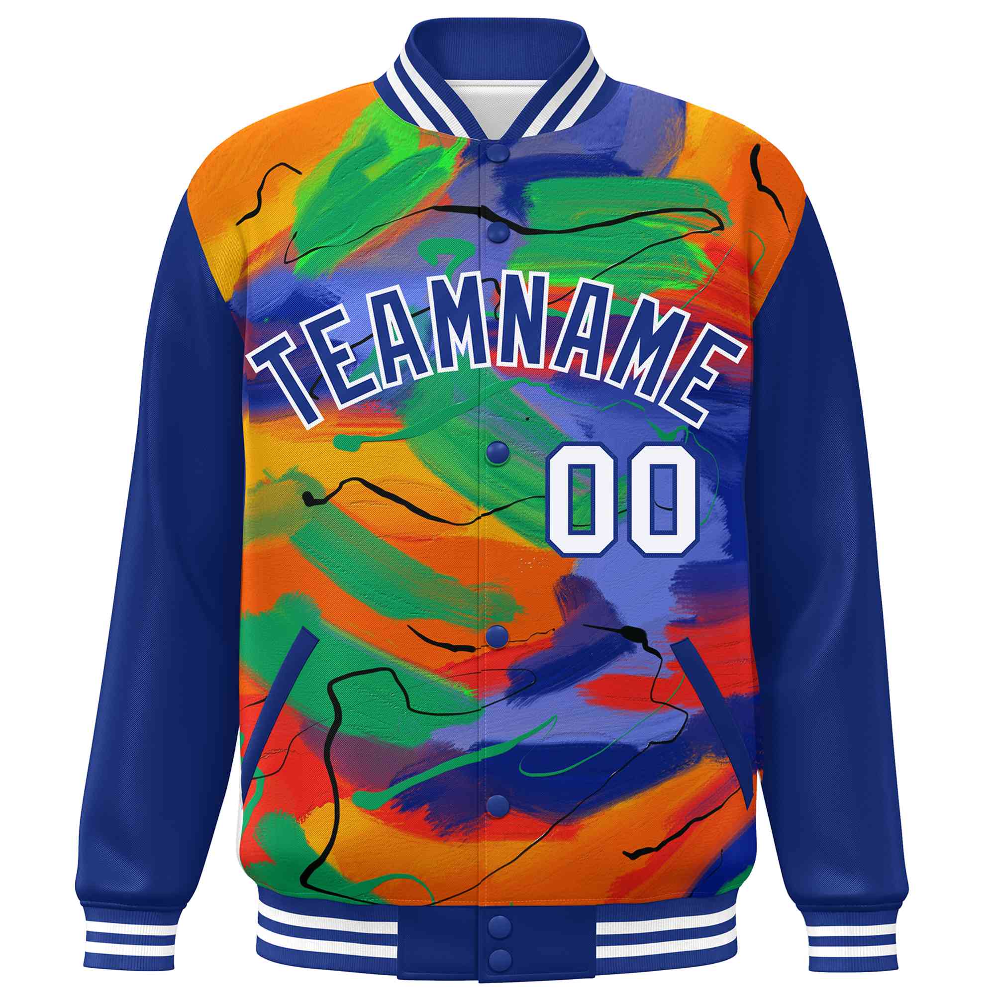 Custom Royal White Tie Dye Ink Paint Varsity Graffiti Pattern Letterman Jacket