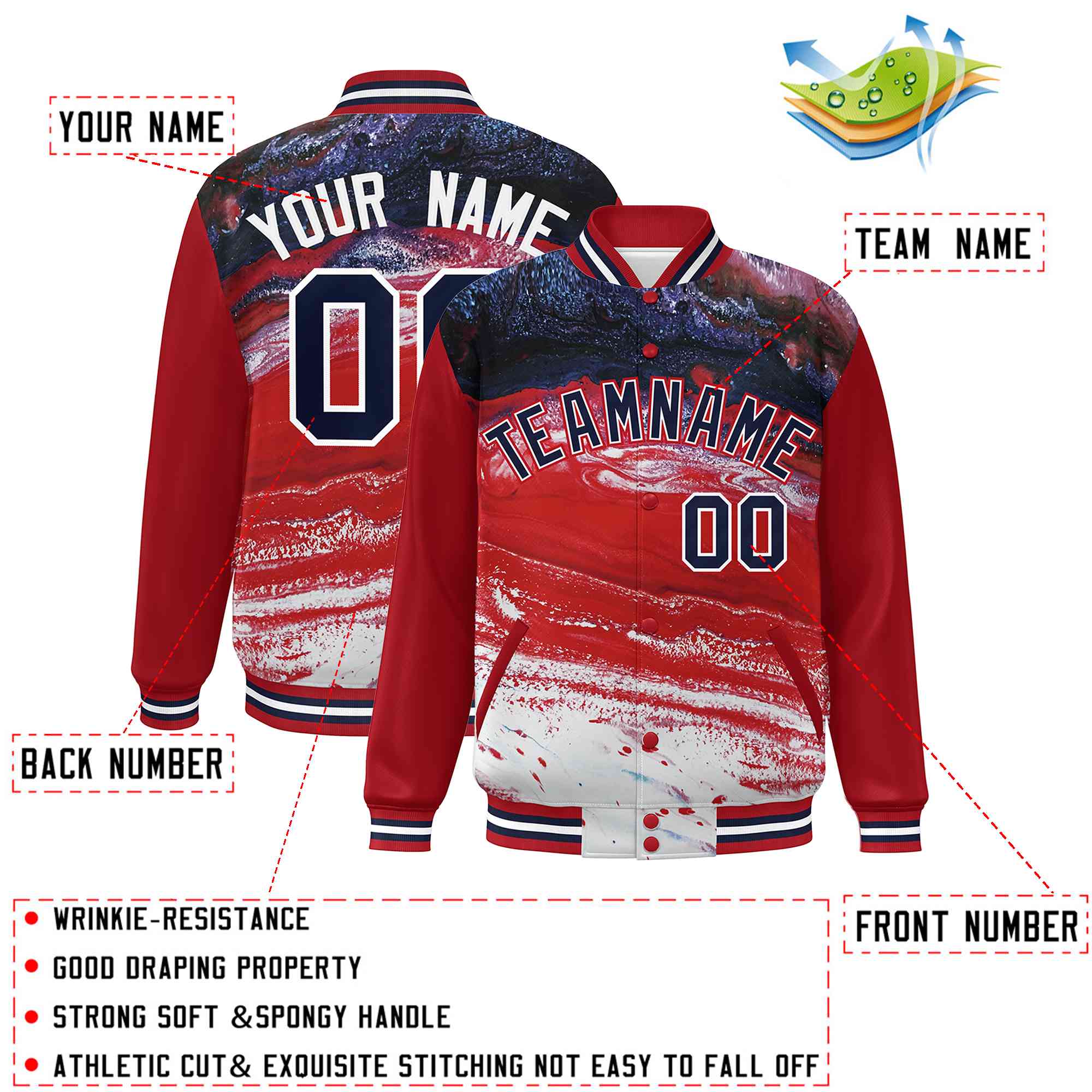 Custom Red Navy-White Tie Dye Ink Paint Varsity Graffiti Pattern Letterman Jacket