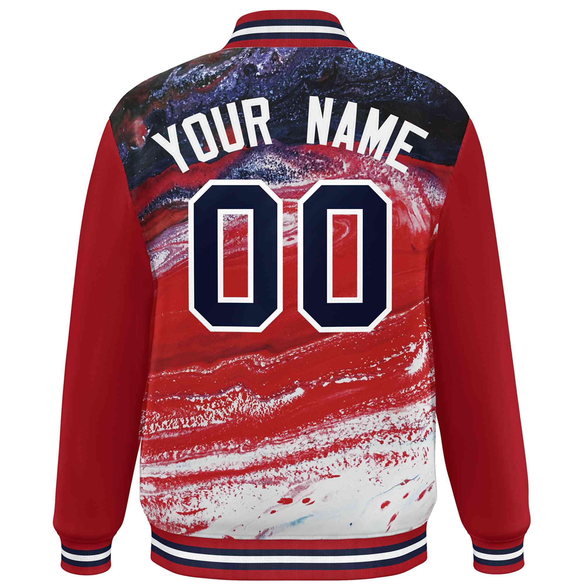 Custom Red Navy-White Tie Dye Ink Paint Varsity Graffiti Pattern Letterman Jacket