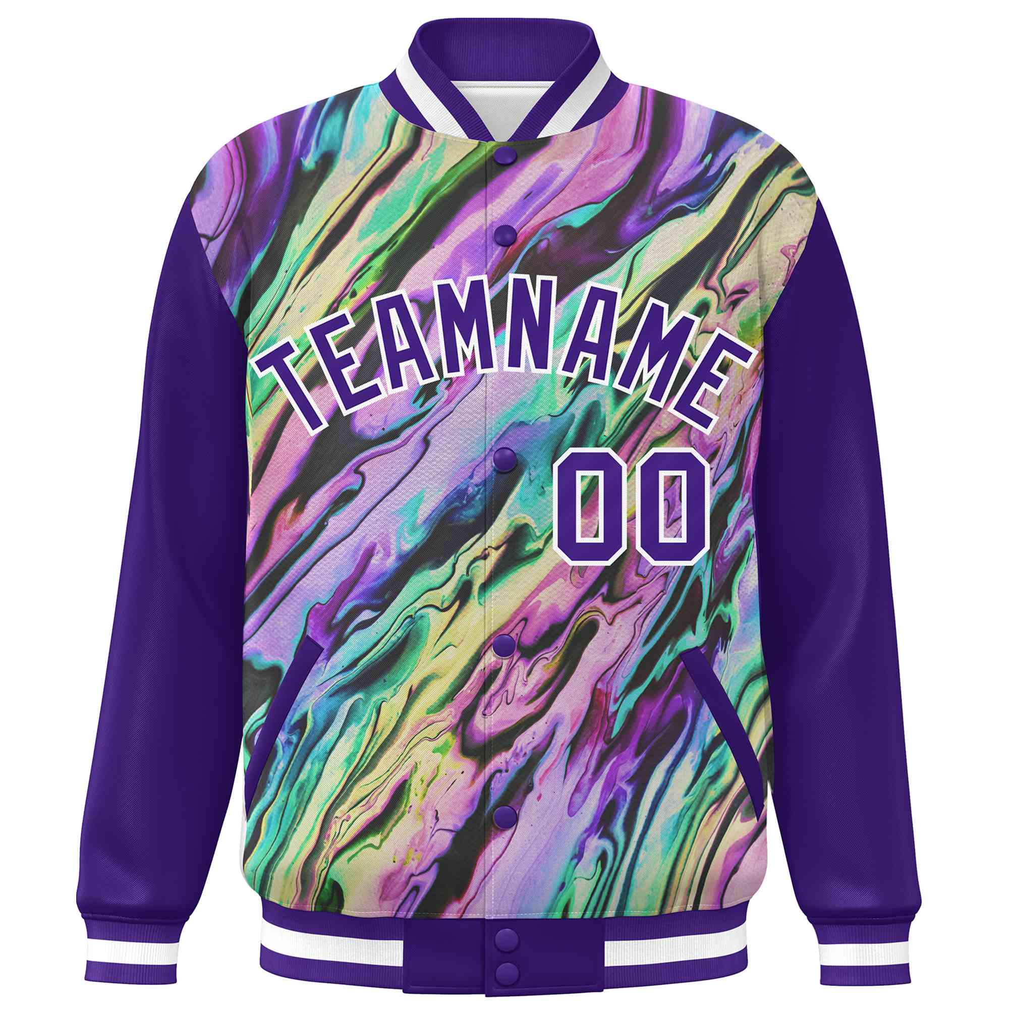 Custom Purple White Tie Dye Ink Paint Varsity Graffiti Pattern Letterman Jacket