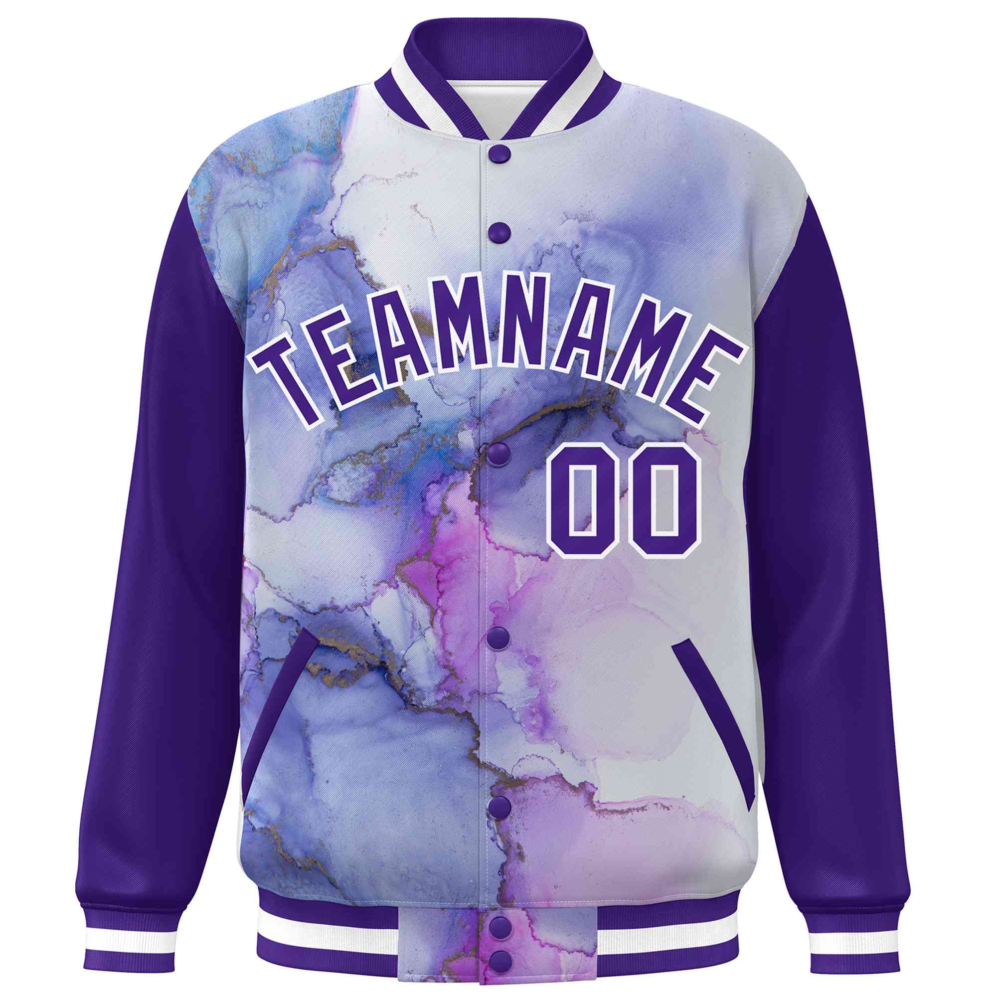 Custom Purple White Tie Dye Ink Paint Varsity Graffiti Pattern Letterman Jacket