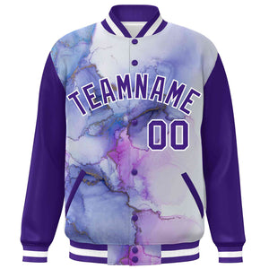 Custom Purple White Tie Dye Ink Paint Varsity Graffiti Pattern Letterman Jacket