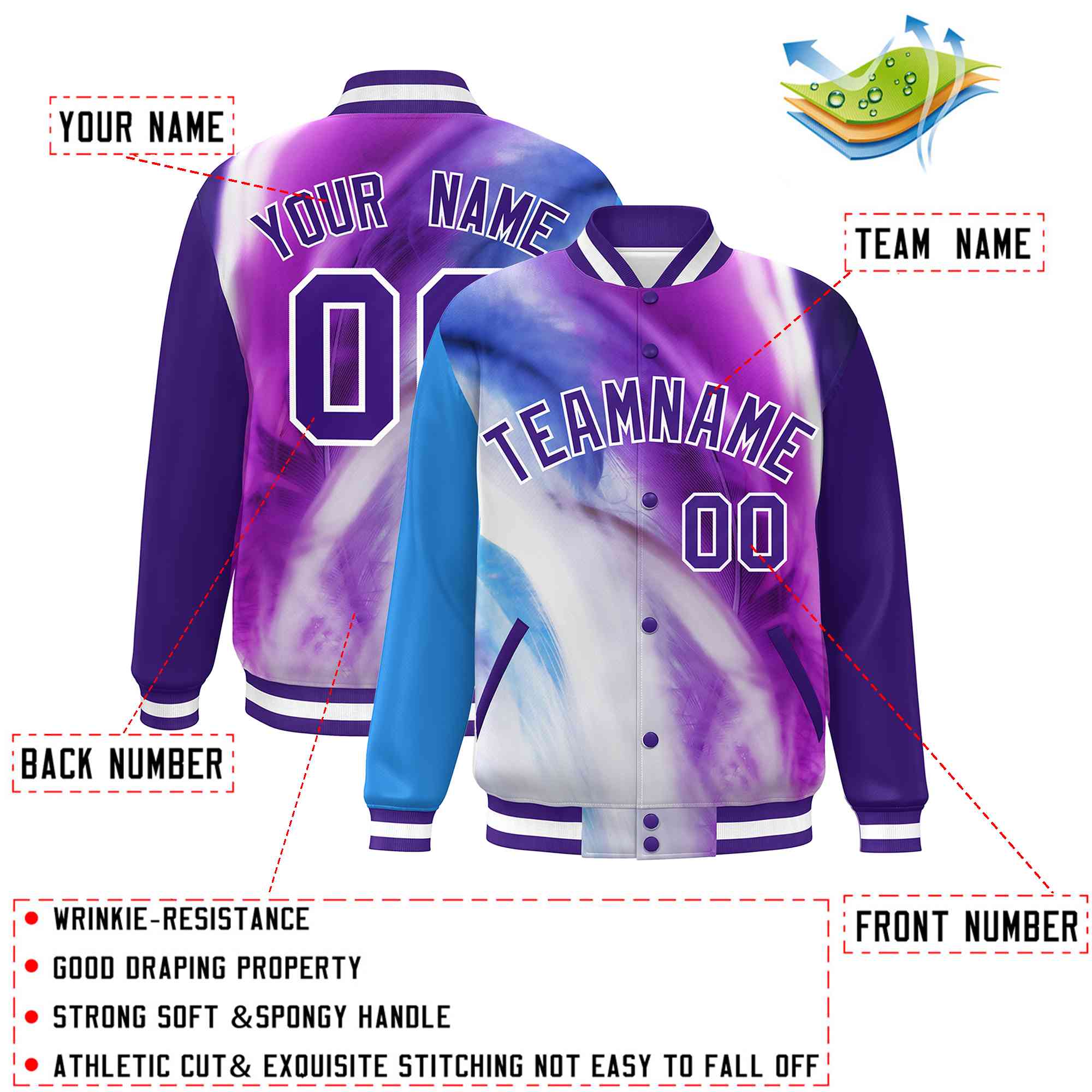 Custom Purple White Tie Dye Ink Paint Varsity Graffiti Pattern Letterman Jacket