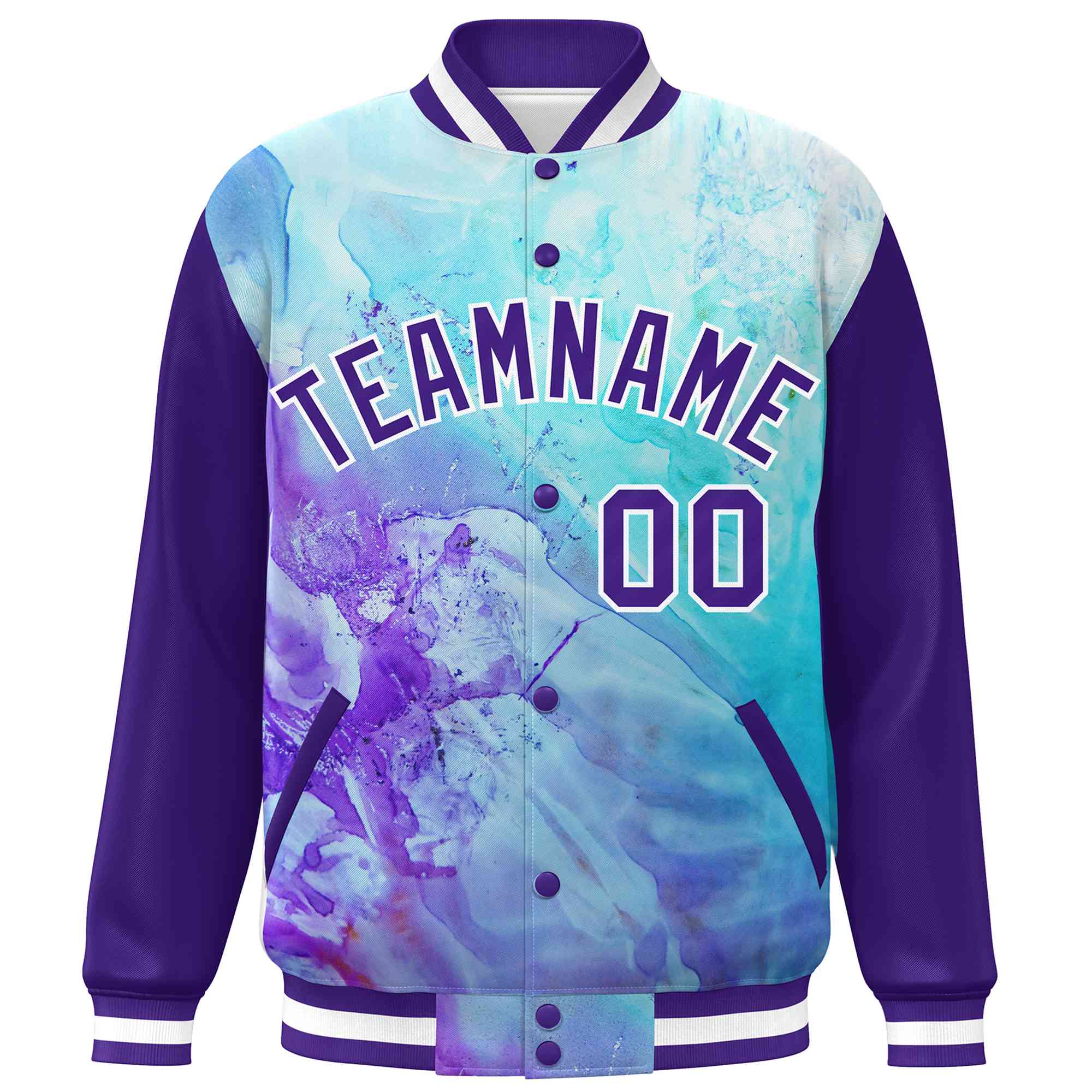 Custom Purple White Tie Dye Ink Paint Varsity Graffiti Pattern Letterman Jacket