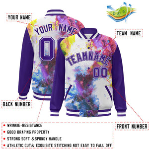 Custom Purple White Tie Dye Ink Paint Varsity Graffiti Pattern Letterman Jacket