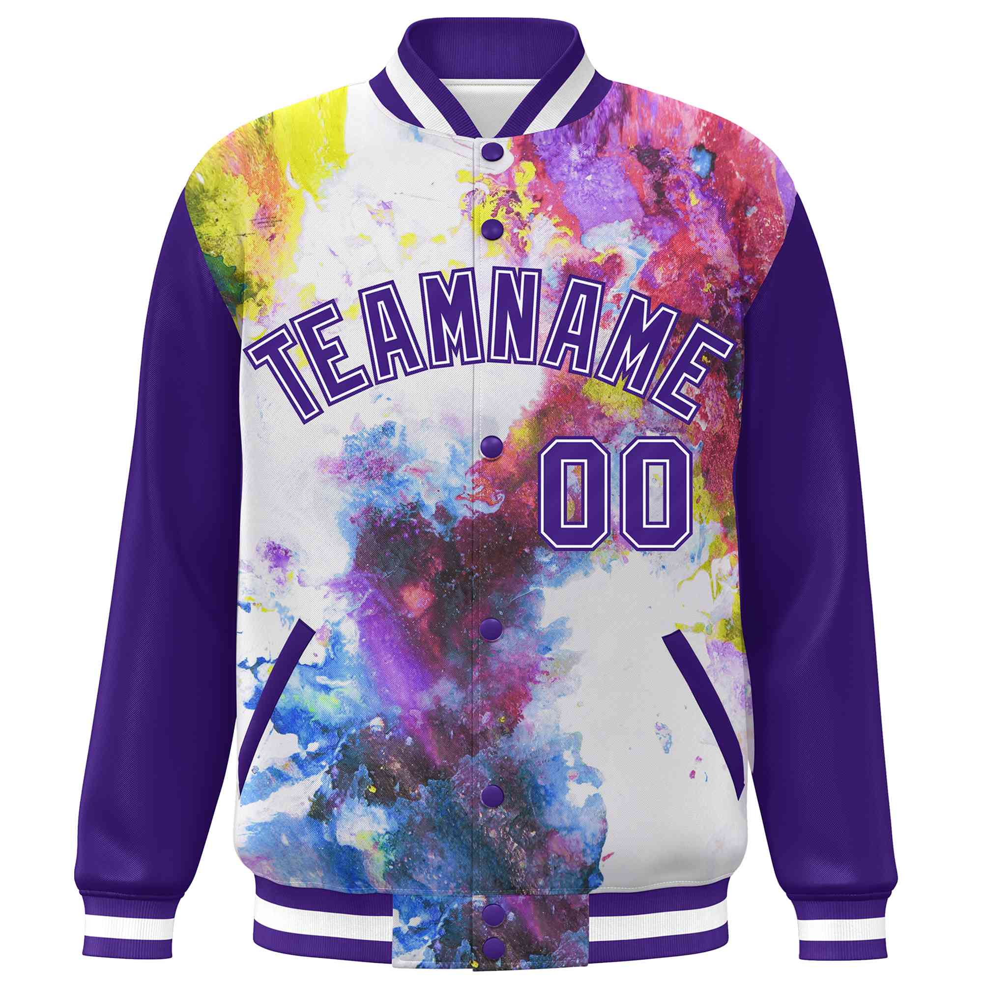 Custom Purple White Tie Dye Ink Paint Varsity Graffiti Pattern Letterman Jacket