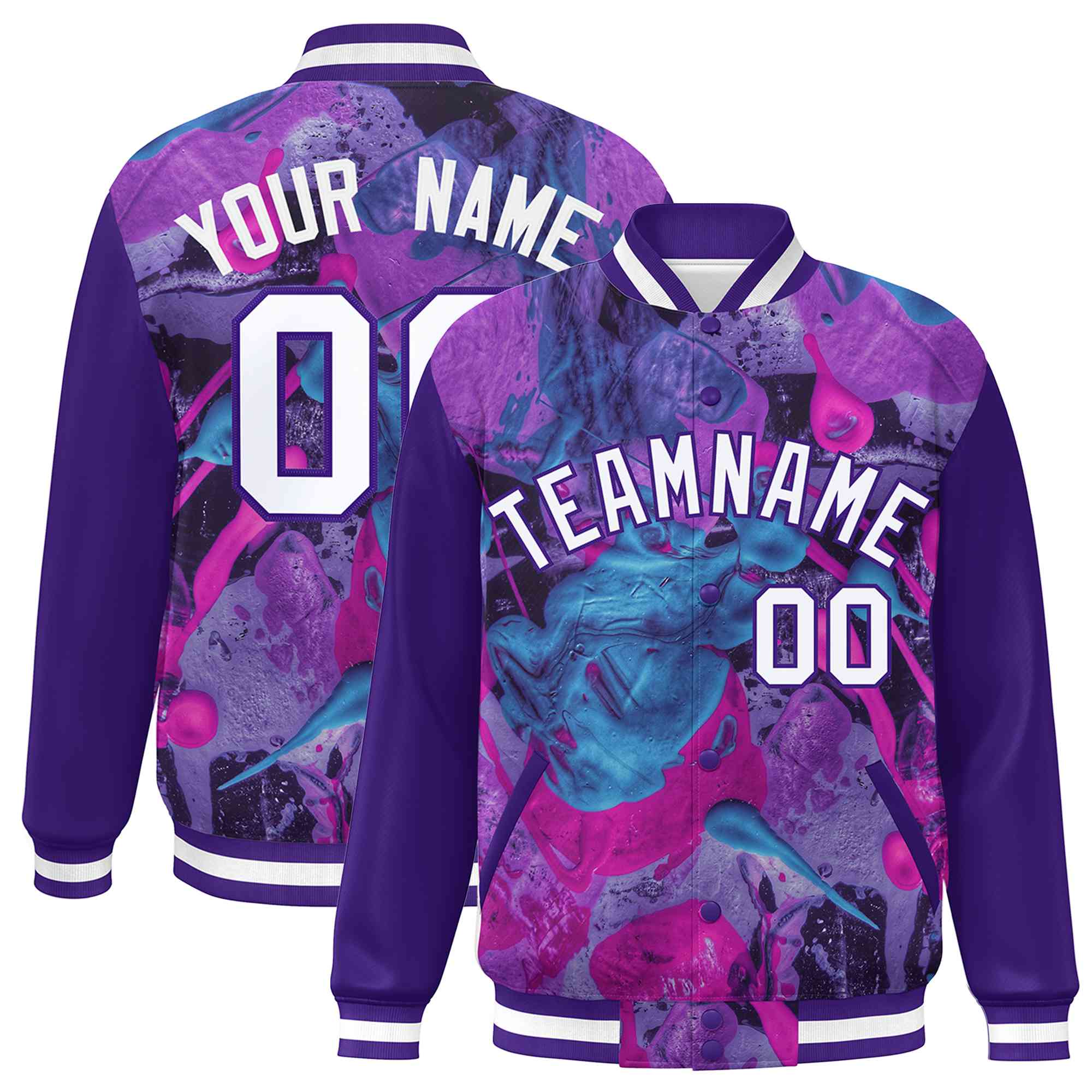 Custom Purple White Tie Dye Ink Paint Varsity Graffiti Pattern Letterman Jacket