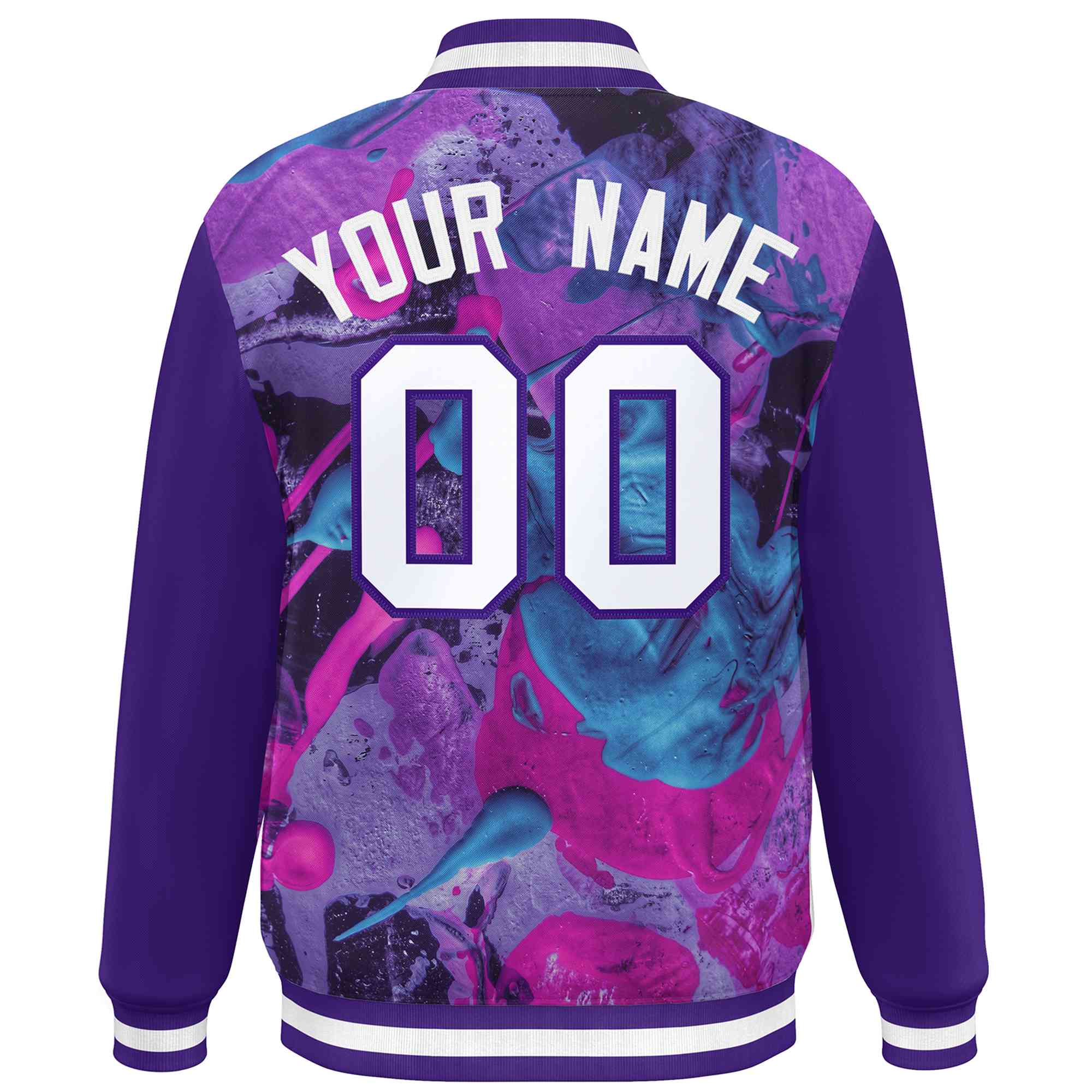 Custom Purple White Tie Dye Ink Paint Varsity Graffiti Pattern Letterman Jacket