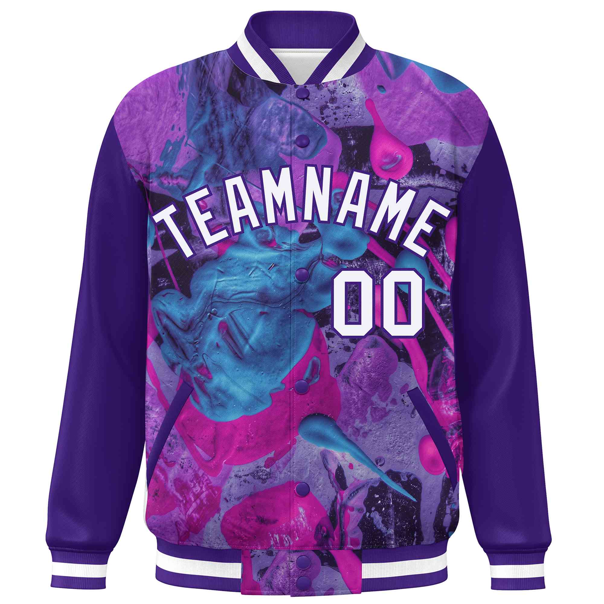 Custom Purple White Tie Dye Ink Paint Varsity Graffiti Pattern Letterman Jacket