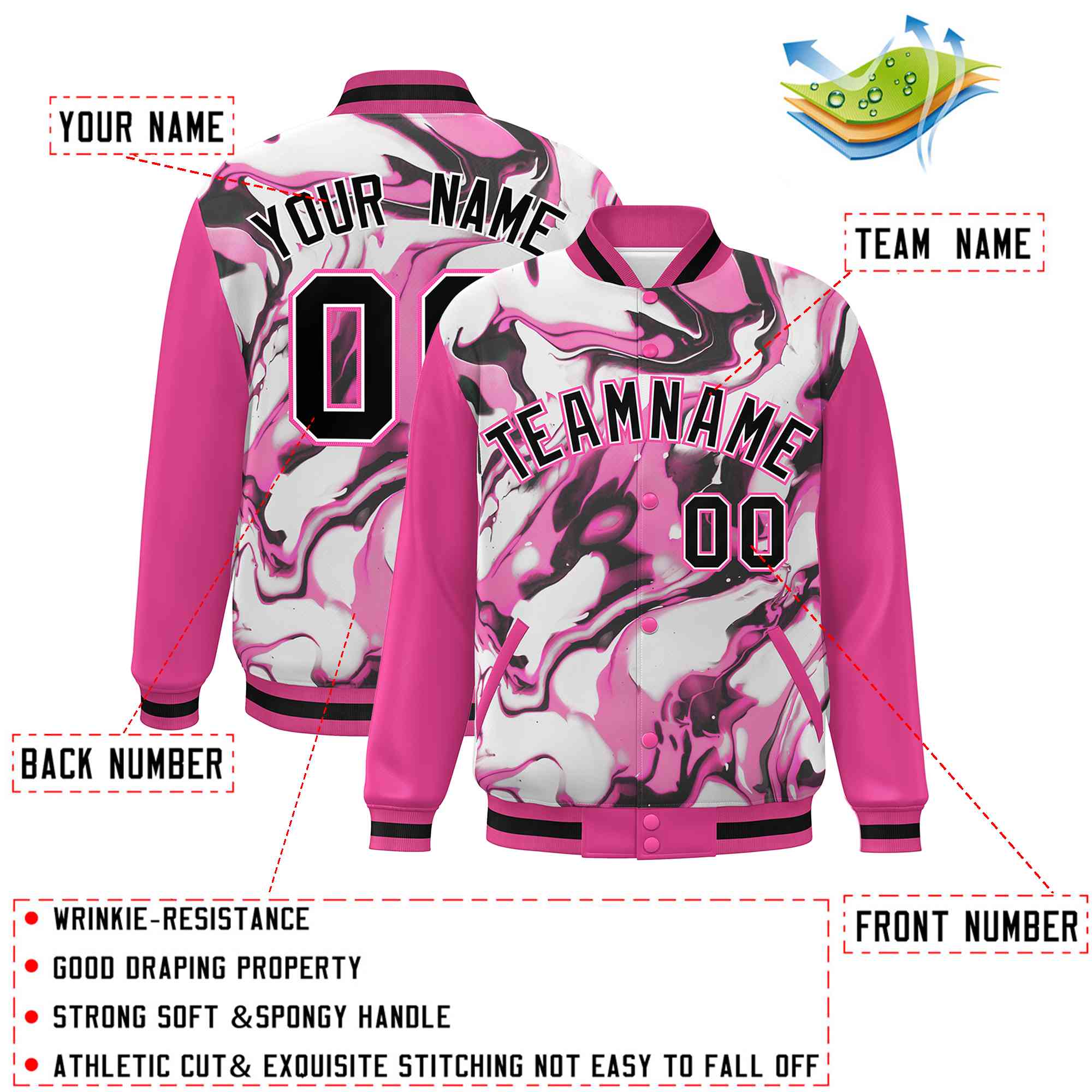 Custom Pink Rose Red-Black Tie Dye Ink Paint Varsity Graffiti Pattern Letterman Jacket